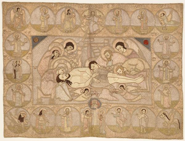 Epitaphios (Plashchanitsa), third quarter 17th century. Russian, Moscow or environs. Silk and metal thread embroidery on a foundation of linen plain weave; 24 1/4 x 32 in. (61.6 x 81.3 cm). The Metropolitan Museum of Art, New York, Gift of Mrs. Stephan Rosenak, 1946 (46.191)