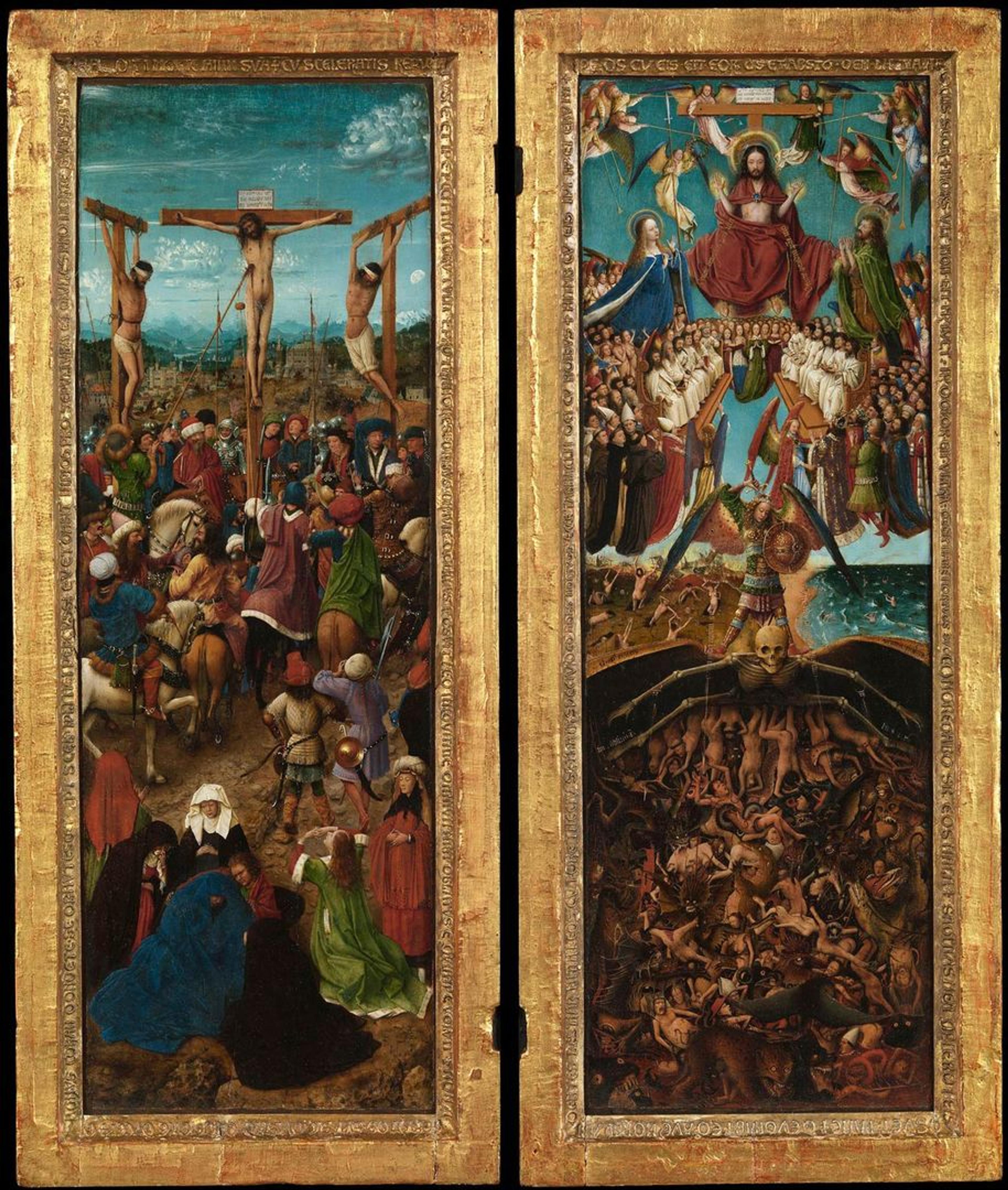 Image of a two-panel painting by Jan Van Eyck depicting the Crucifixion of Christ (left) and the Last Judgment (right)
