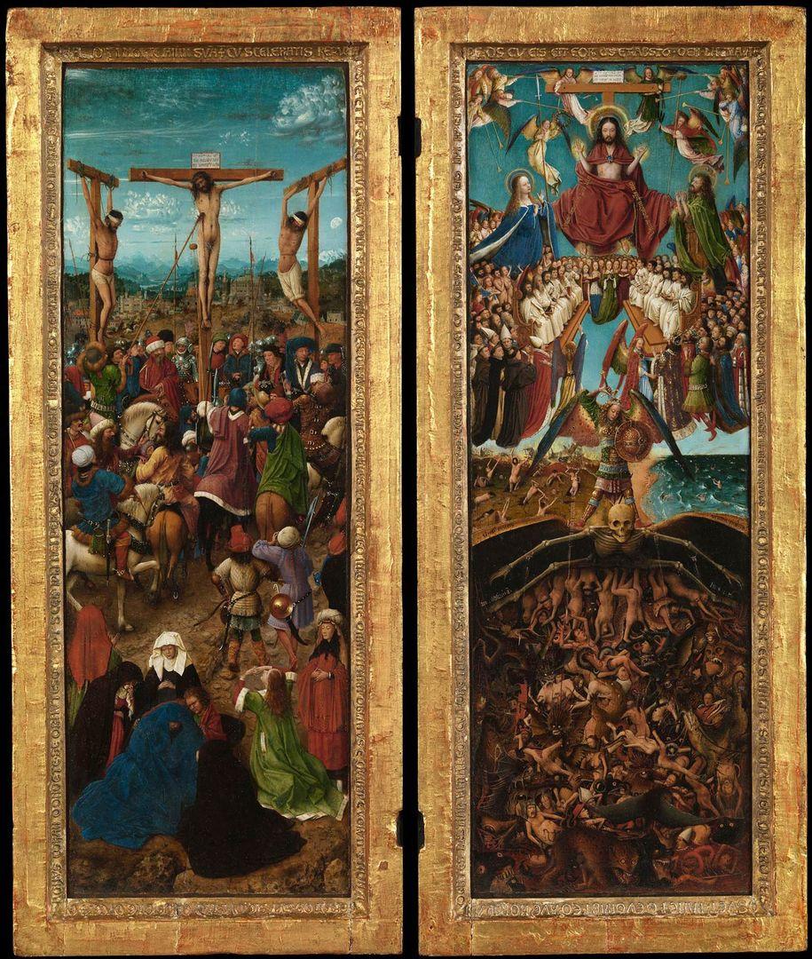 Image of a two-panel painting by Jan Van Eyck depicting the Crucifixion of Christ (left) and the Last Judgment (right)