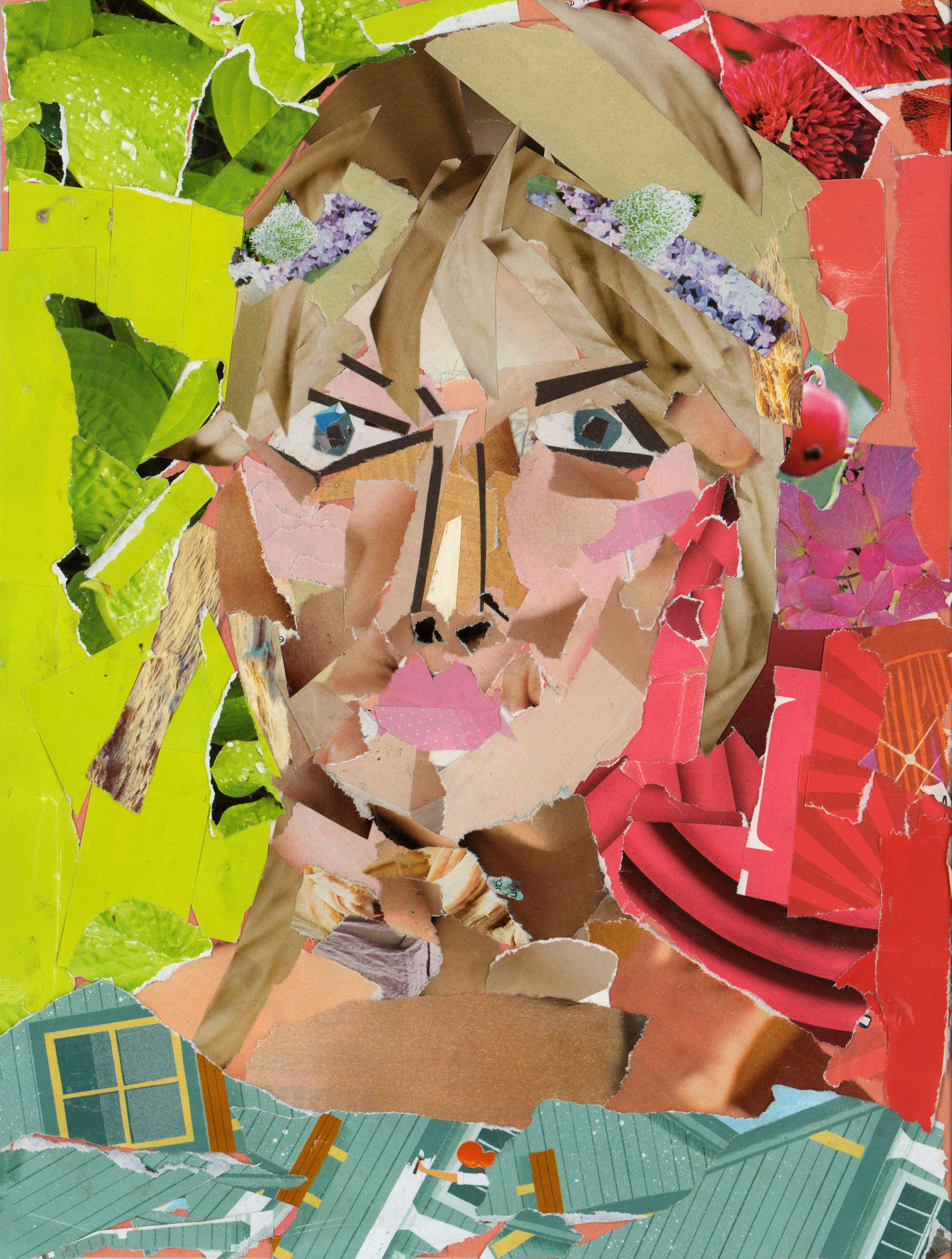 Collage portrait of a blond-haired, blue-eyed female staring intensely at the viewer created with vintage magazines and wallpaper. The subject has black eyebrows, black eyeliner, and pink lips. The subject's face and neck are copmposed entirely of scraps torn from the pages of magazines. To the woman's left, the background is lime green. To her right, the background is a warm red. She wears a foam green shirt that comes up to her shoulder line.