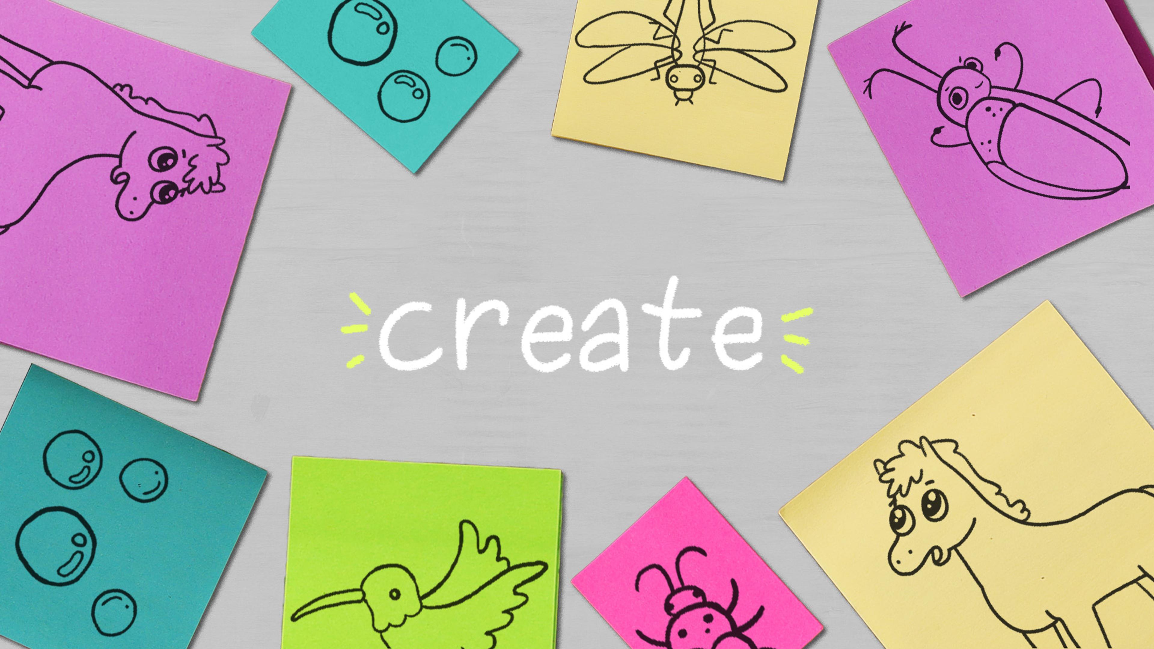 Colorful Post-It notes drawn with flora and fauna on a gray background with the word "create."