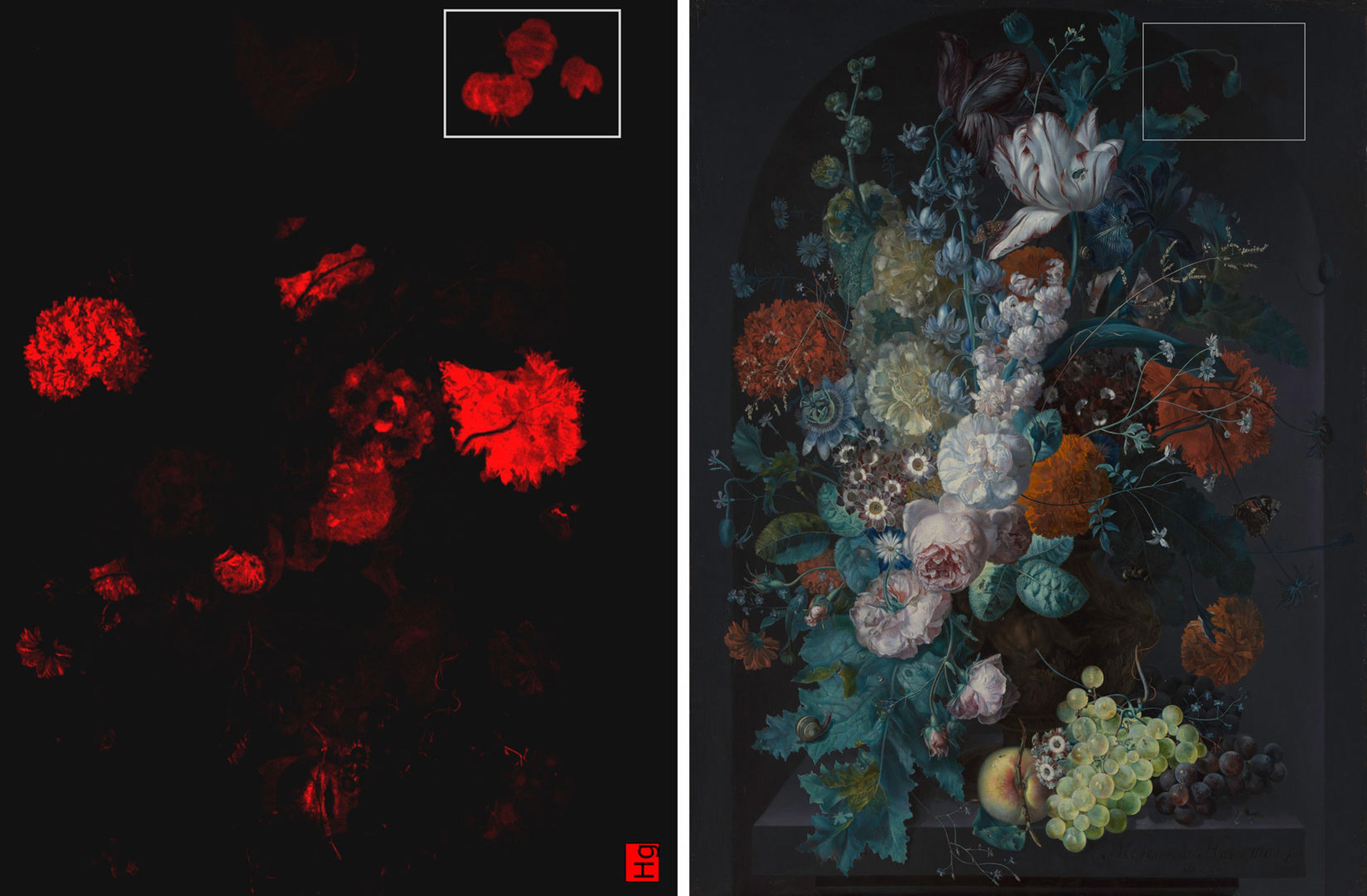 At left, an x-ray map of mercury in a Margareta Haverman painting; at right, the painting itself