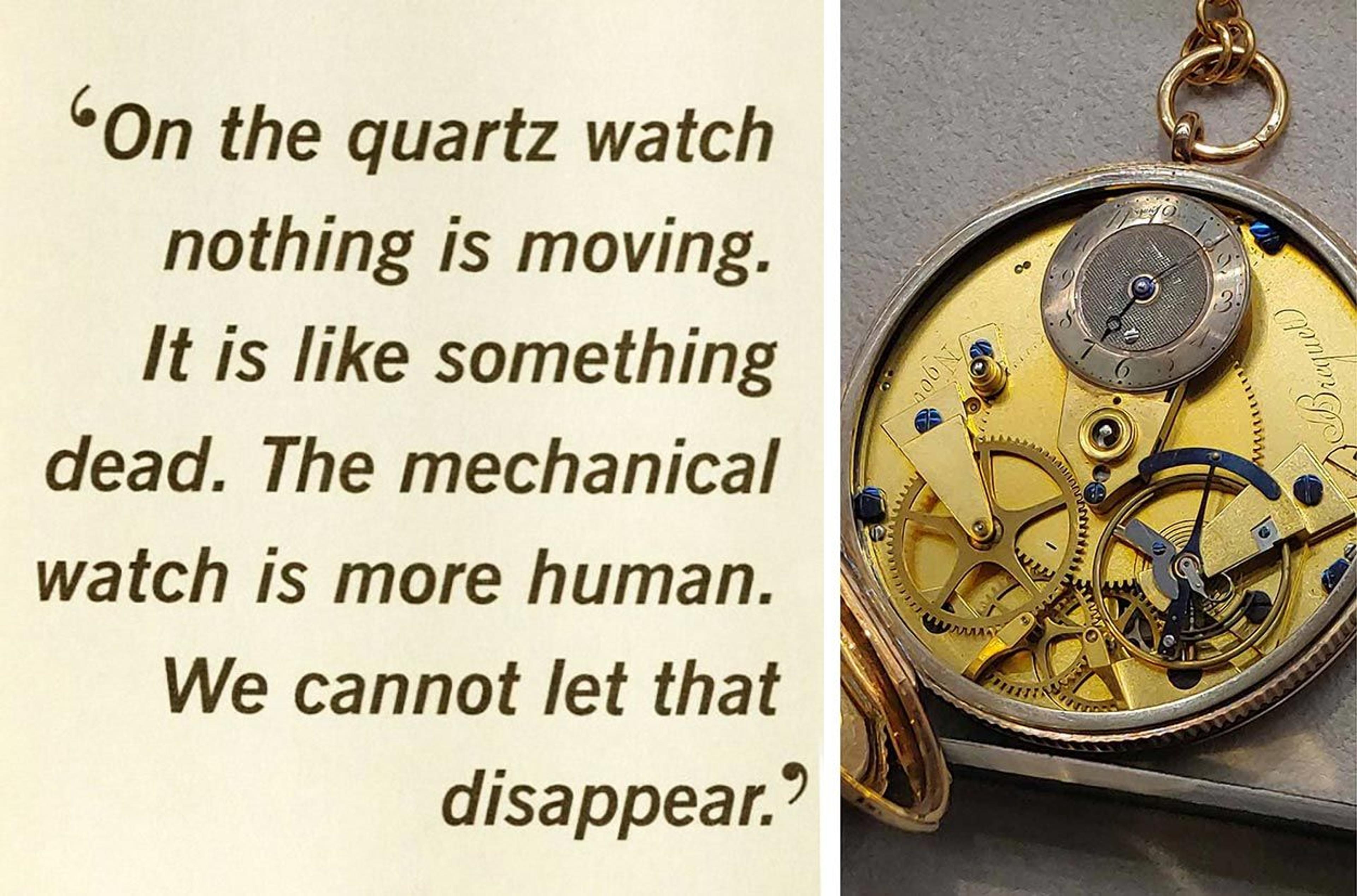 Quotation on left and mechanical pocket-watch on right