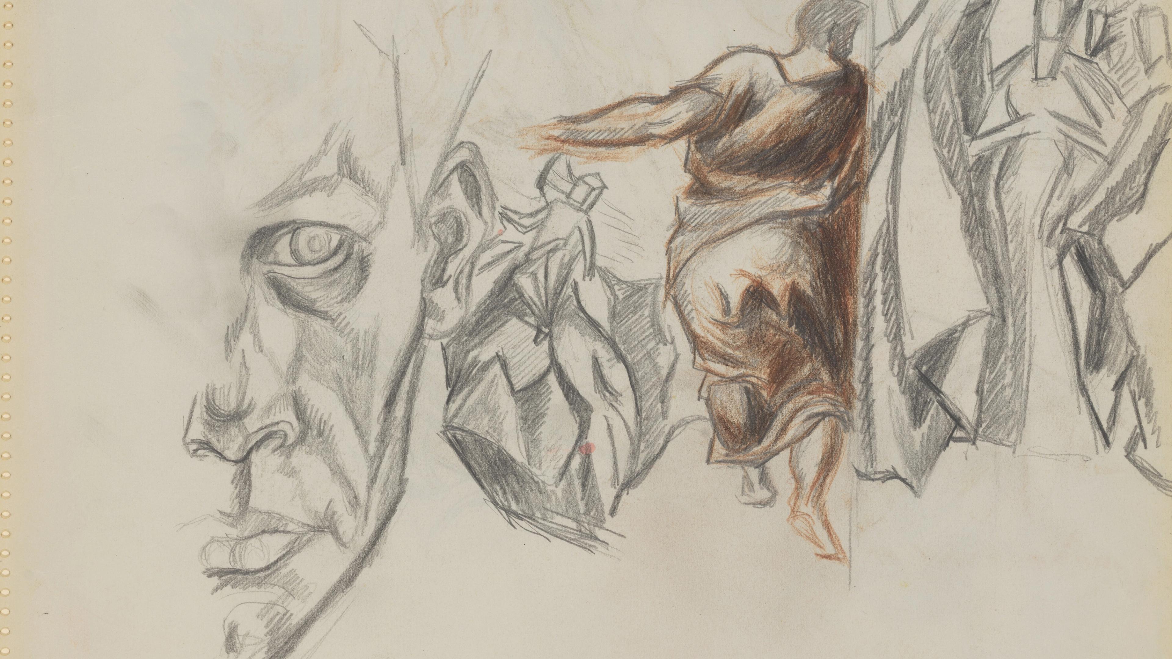 Sketchbook drawing consisting of a large human face with fragmented figures and angular forms in black and brown pencil.