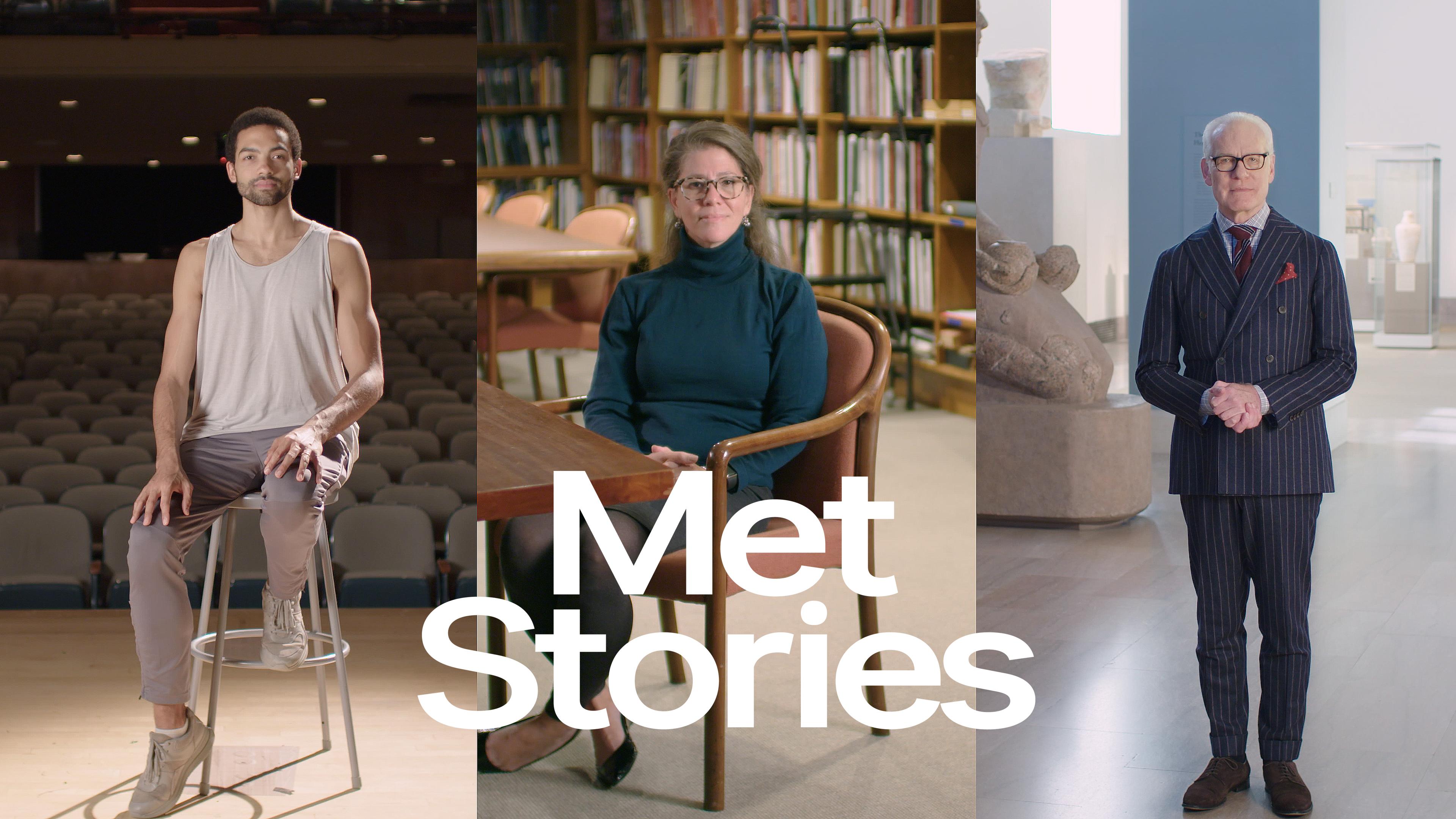 Composite image of Silas Farley sitting on a stool in an auditorium; Stephanie Post sitting in a chair in a library; and Tim Gunn standing in gallery space at The Met.