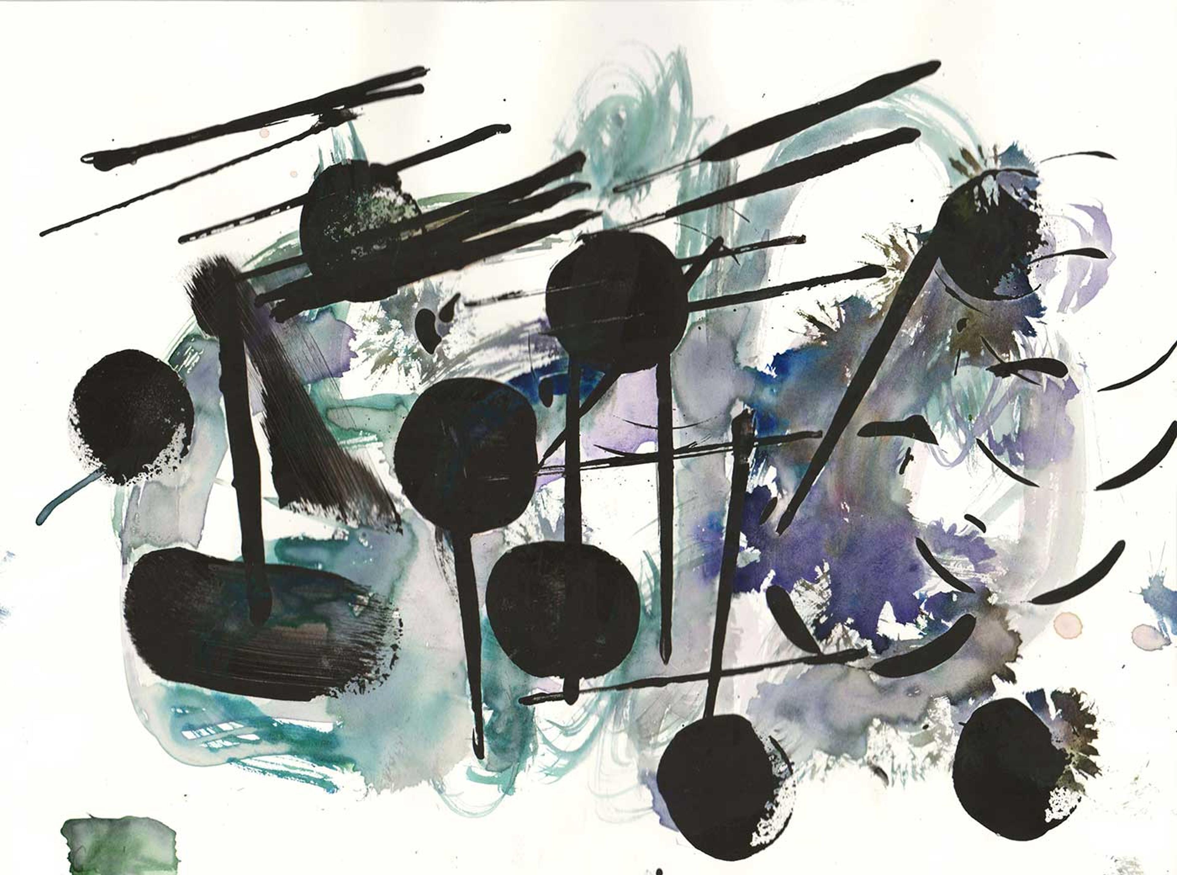 Abstract painting featuring shades of blue and black. 