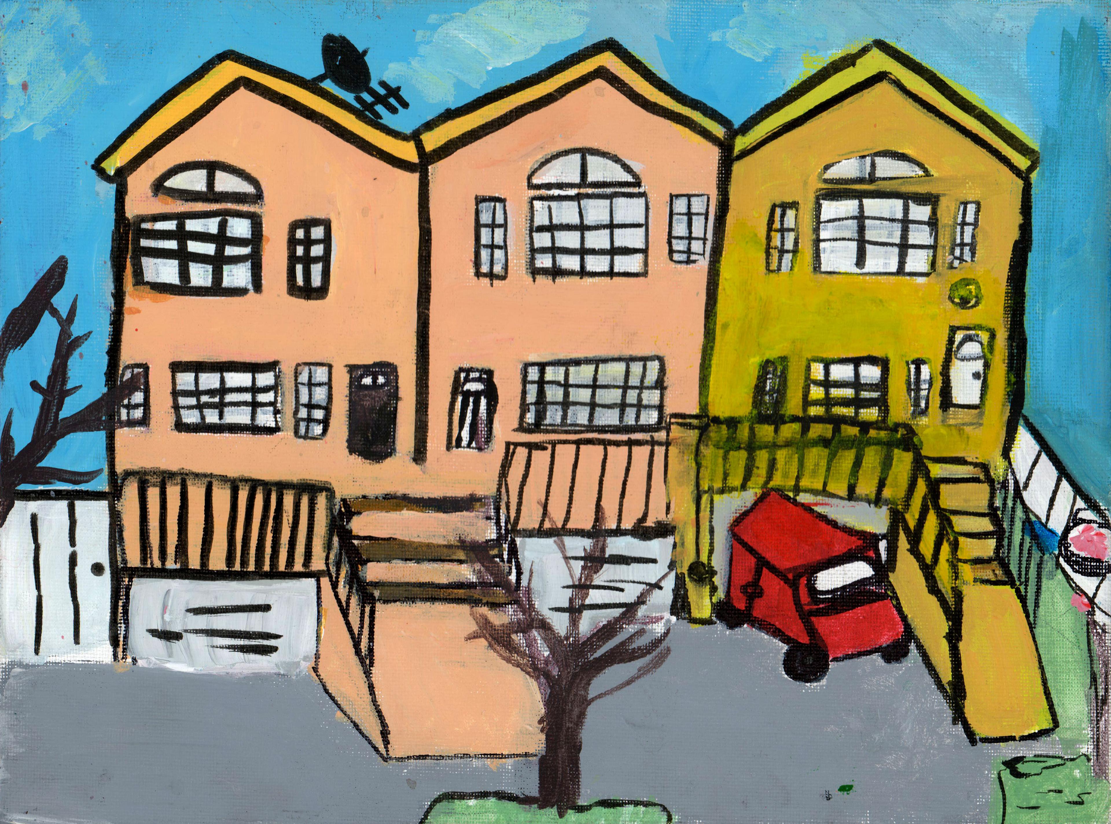 Acrylic painting of three two-story row houses side by side on a residential block. The two houses to the left are peach colored, and the third house to the right is dark yellow. A red car is parked in front of the garage below the yellow house. A black satellite dish and antenna are painted on the roof of the house at far left. A brown leafless tree on a green patch of land appears at bottom center in front of the three houses. All the houses are outlined in bold black strokes.