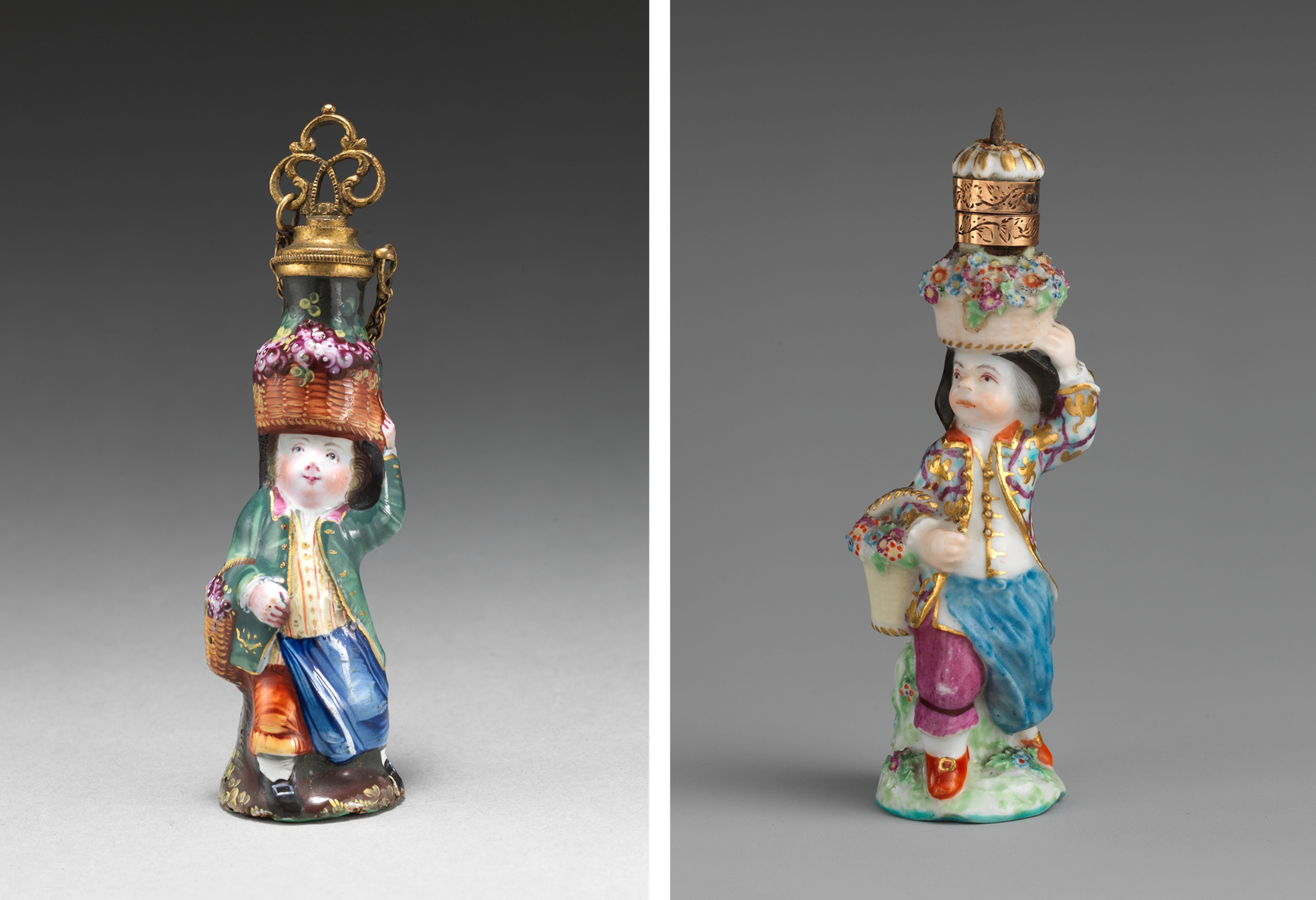 Two scent bottles in the shape of figures carrying baskets in their arm and on their head.