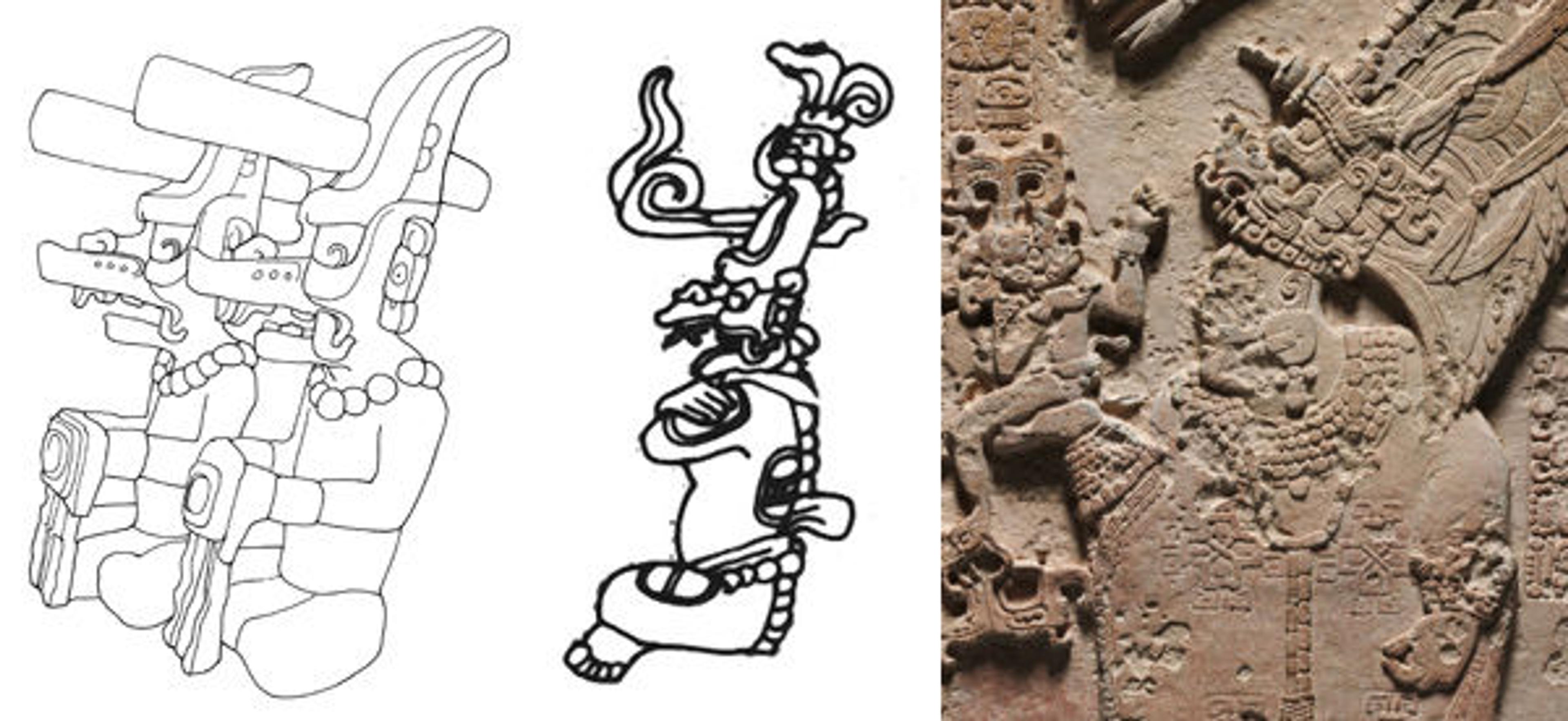 Fig. 3. Depictions of K'awiil. Left: Stucco-covered wood sculptures from Tikal Burial 195. Drawing by Linda Schele. Center: Panel from Temple XIV. Detail of drawing by Linda Schele. Right: Panel with royal woman (detail), ca. A.D. 795. Mexico or Guatemala. Maya. Limestone; H: 60.40, W: 69.80 cm (23 3/4 x 27 7/16 in.). The Cleveland Museum of Art, Purchase from the J. H. Wade Fund (1962.32)