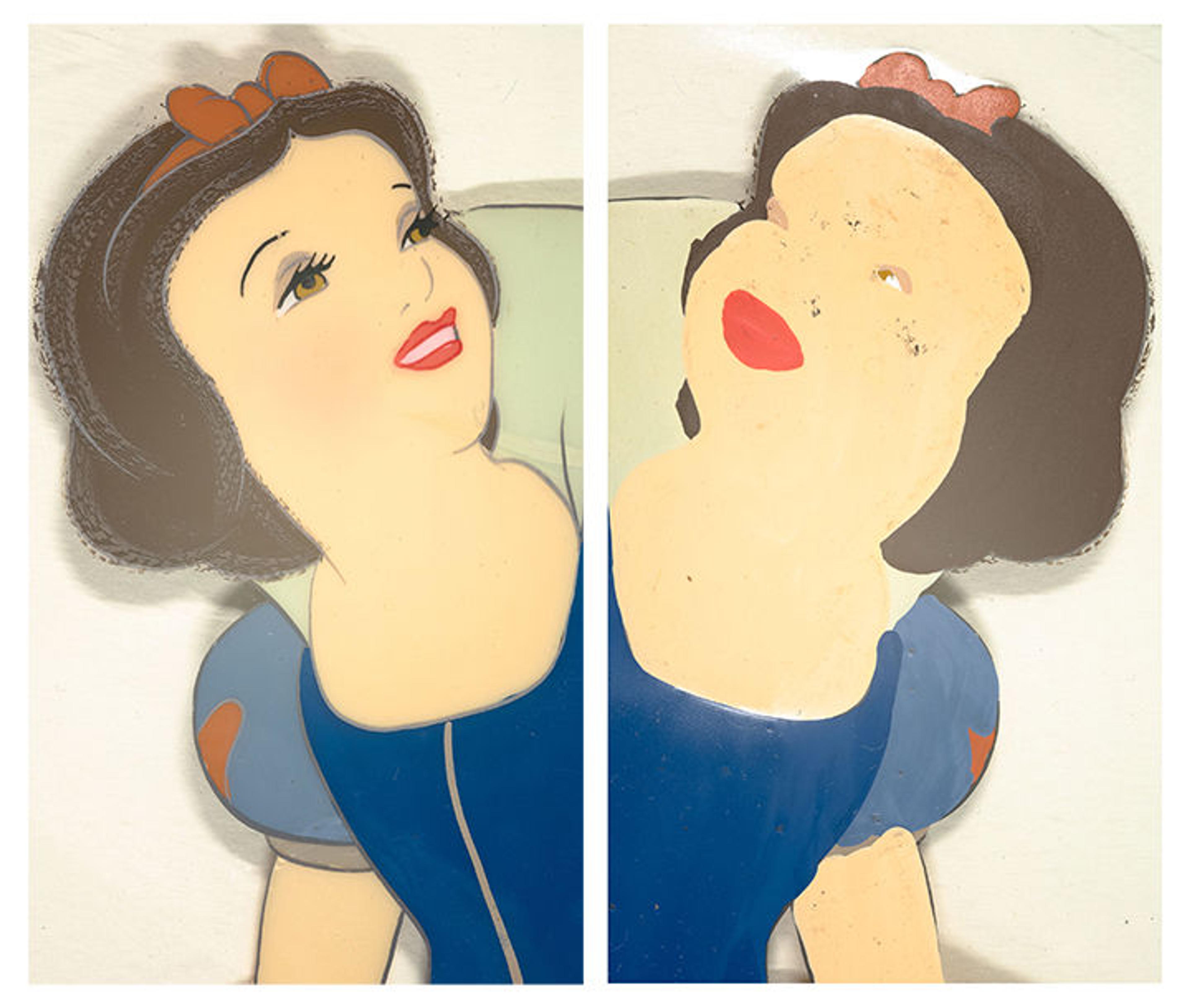 A detail of the front and back of a drawing of Snow White.