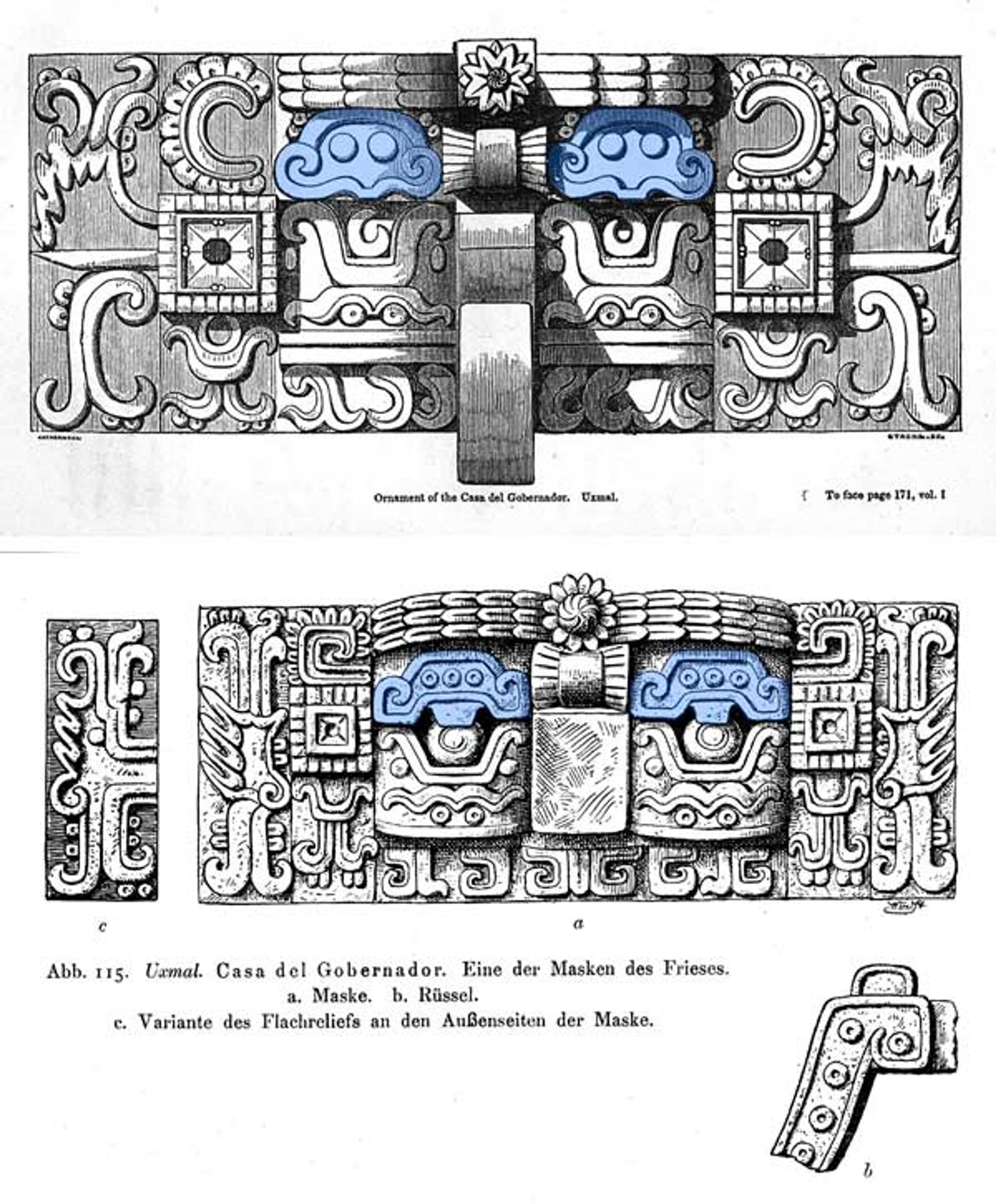 Top: from John L. Stephens, Incidents of Travel in Yucatan (1843), facing p. 171; Bottom: Eduard Seler, "Die Ruinen von Uxmal" (1917), fig. 115