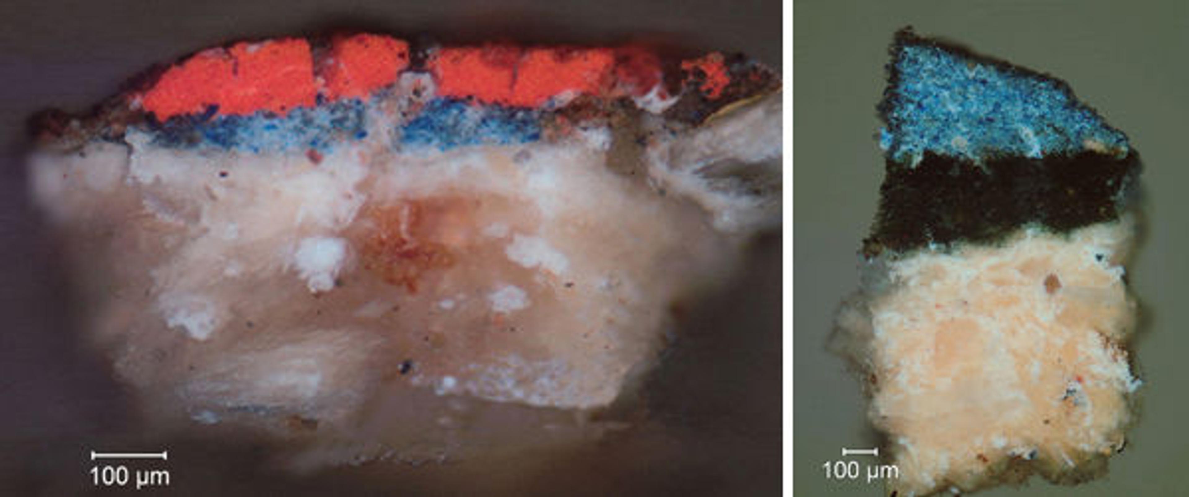 Left: Fig. 8. Cross section showing the sequence of application: whitish ground, gold leaf (present on right side), blue paint, and red paint. Right: Fig. 9. Cross section of a sample taken from the crevice in the carved ornament, showing the sequence of application: whitish ground, dark blue indigo underpaint, and bright blue ultramarine paint