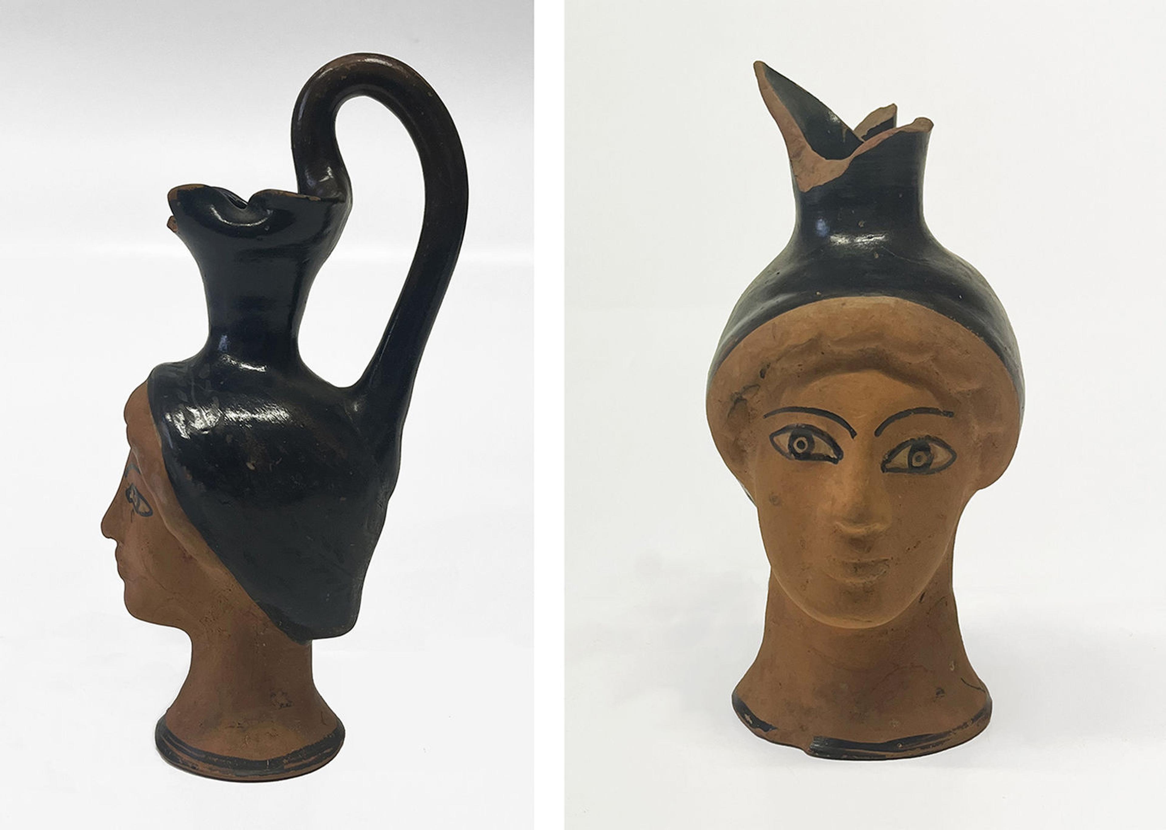 Two images with jugs in the shape of female heads. At left is a side profile; the woman's sculpted hair forms the jug's spout and handle. The second jug at right shows the decoration of the woman's face, with dark paint for eyebrows and eyeliner.