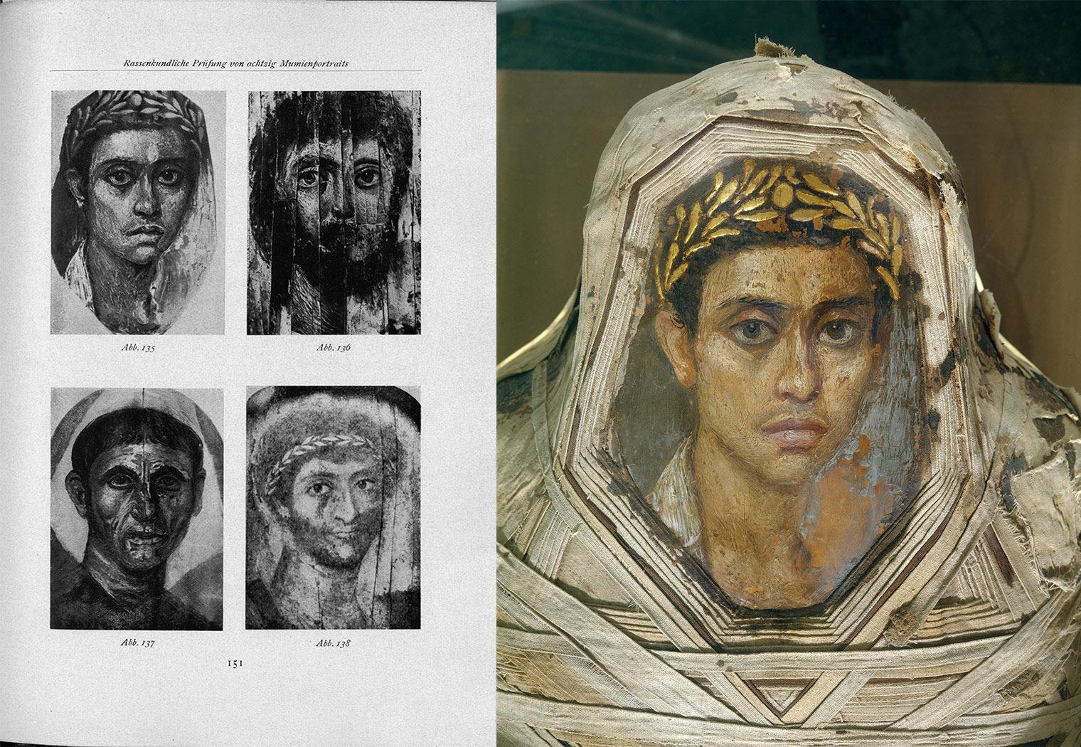 On the left, a black and white plate from a book with four images of faces. On the right, the color image of the head of a young man with a wispy mustache wearing a wreath of gold leaves.