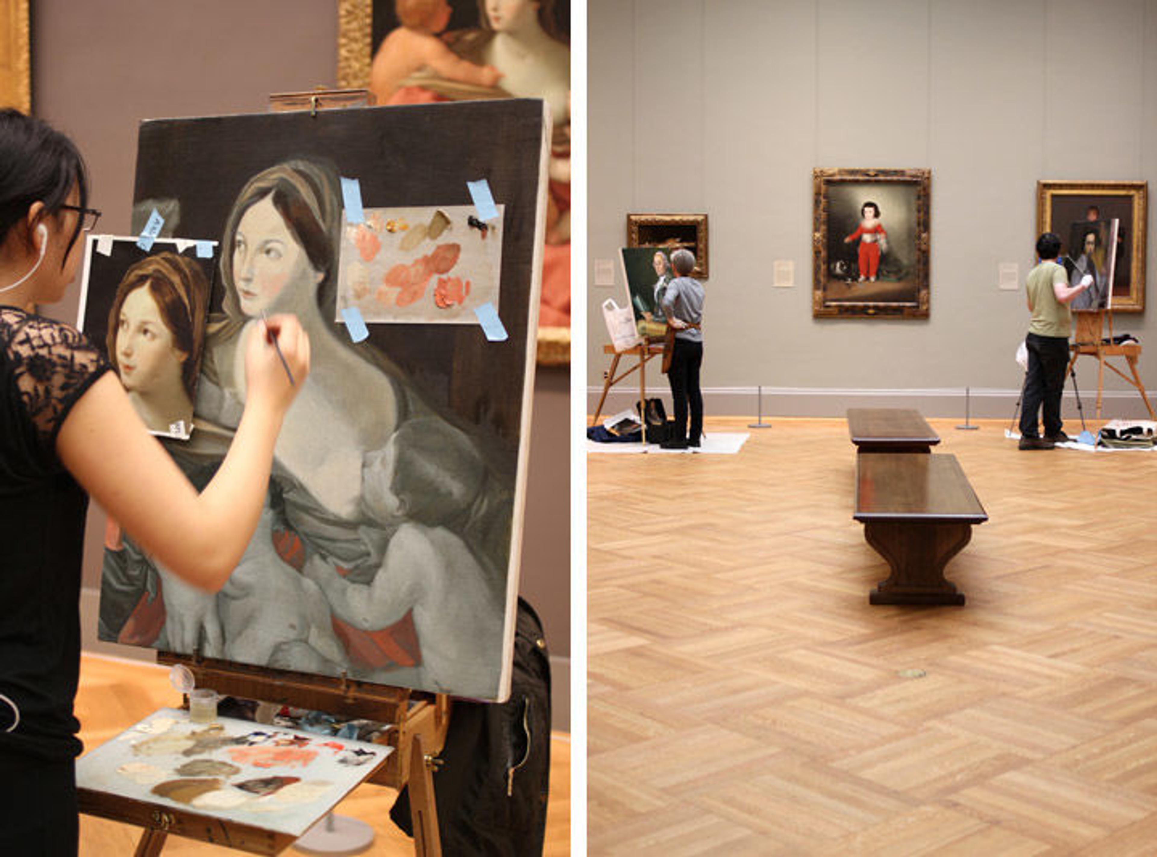 Two photos of artists involved with The Met Copyist Program at work in the Museum's galleries