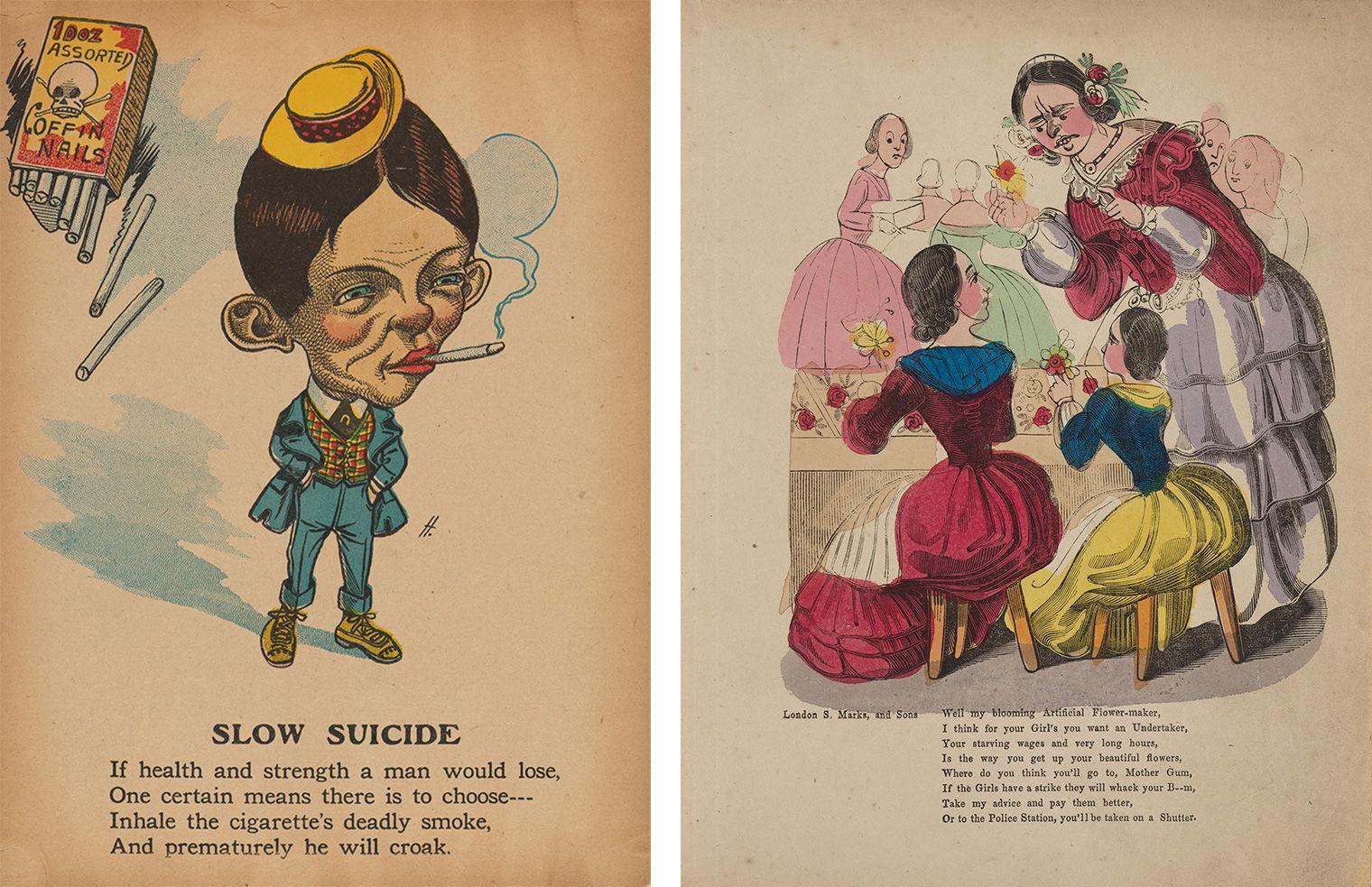 At left, a smartly-dressed man smokes a cigarette, while a graphic and poem within the frame warn of smoking's health hazards. At right, a woman scolds another about working conditions while the two, along with a girl, work on floral arrangement around a table.