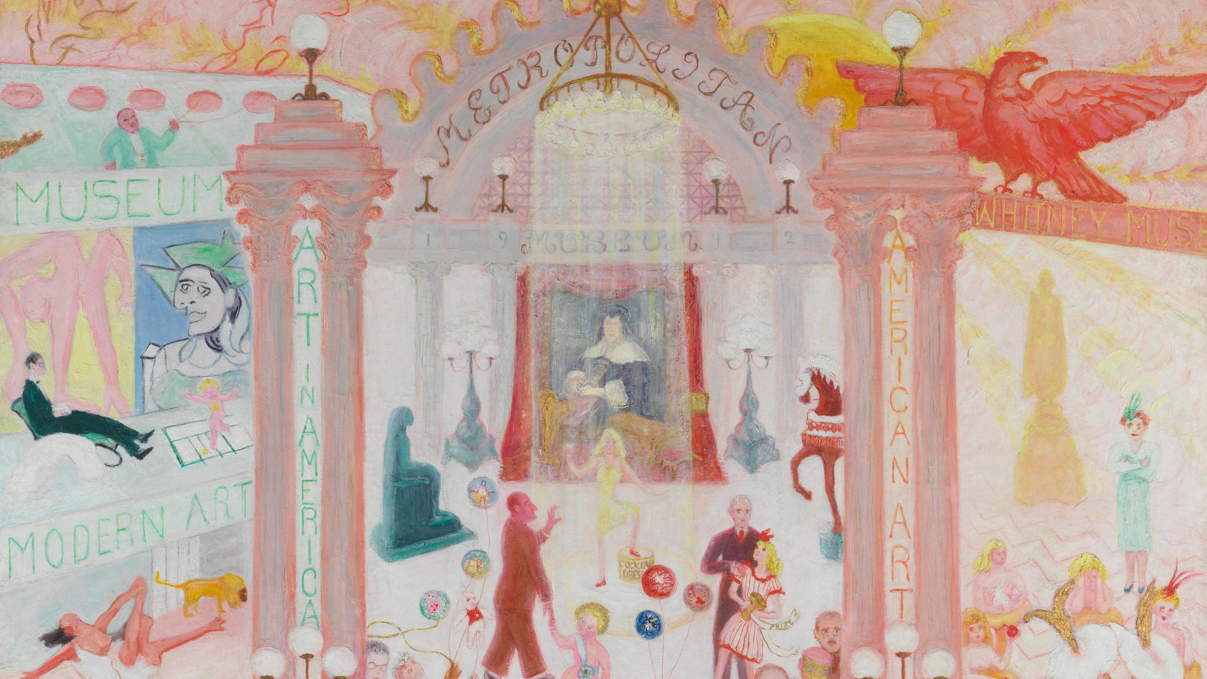 Colorful painting of a museum entrance framed by pink columns and a chandelier, with crowds of small figures, artworks, and signs for "Metropolitan Museum," “Modern Art,” “American Art,” and the “Whitney Museum” scattered throughout the scene.