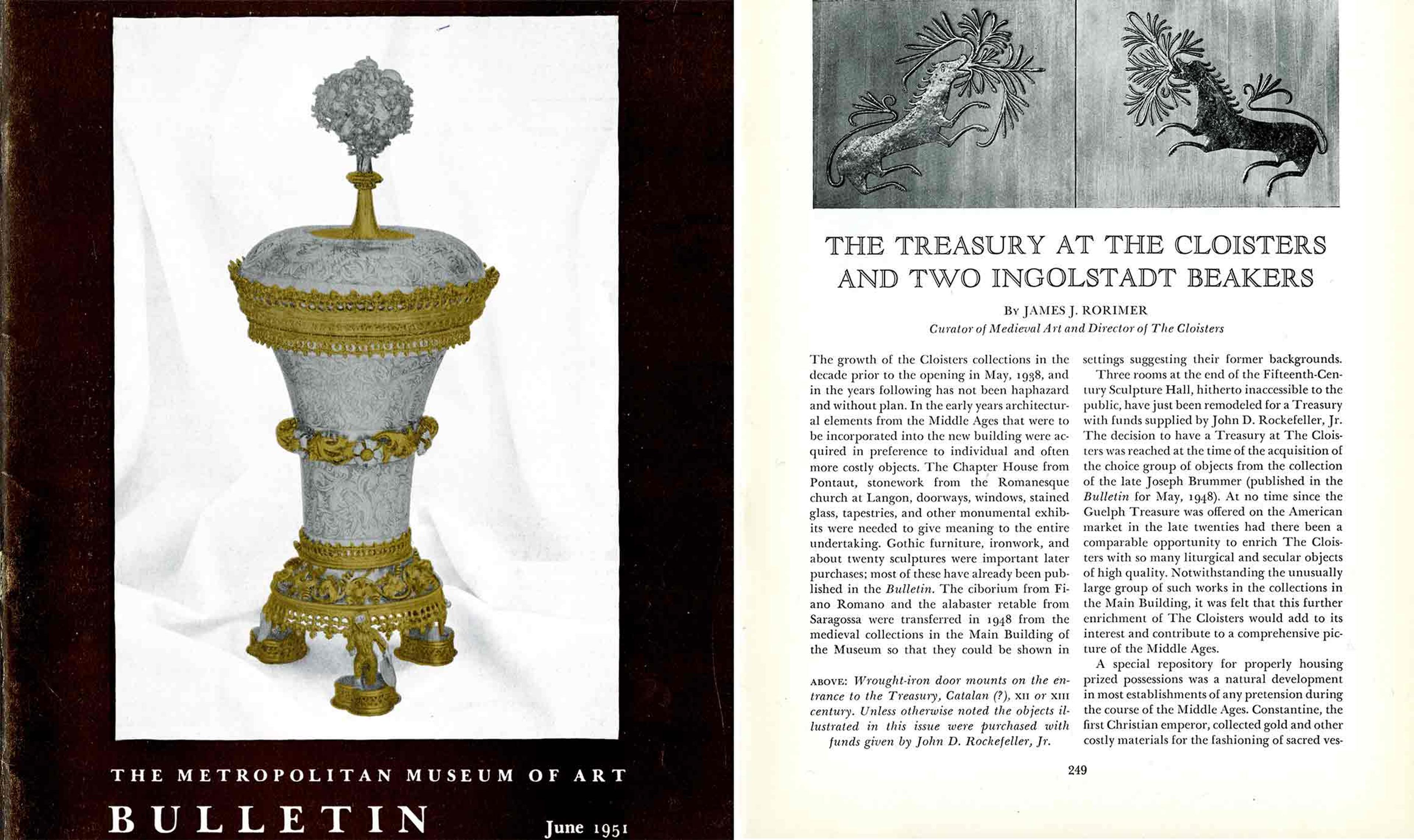 Photograph of two pages from a Metropolitan Museum of Art Bulletin. One page shows a beaker