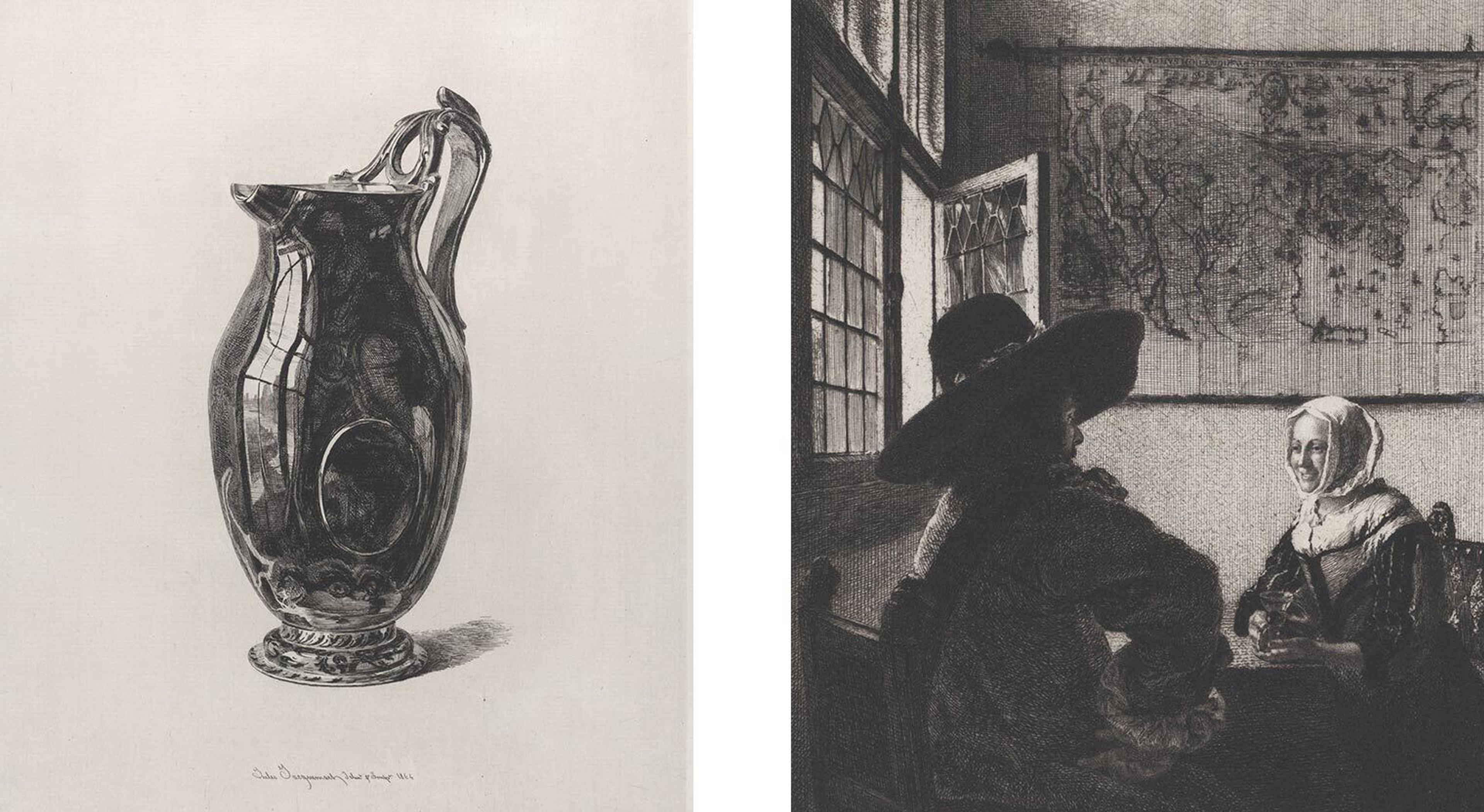 Etching of a vase and thena woman beside a window