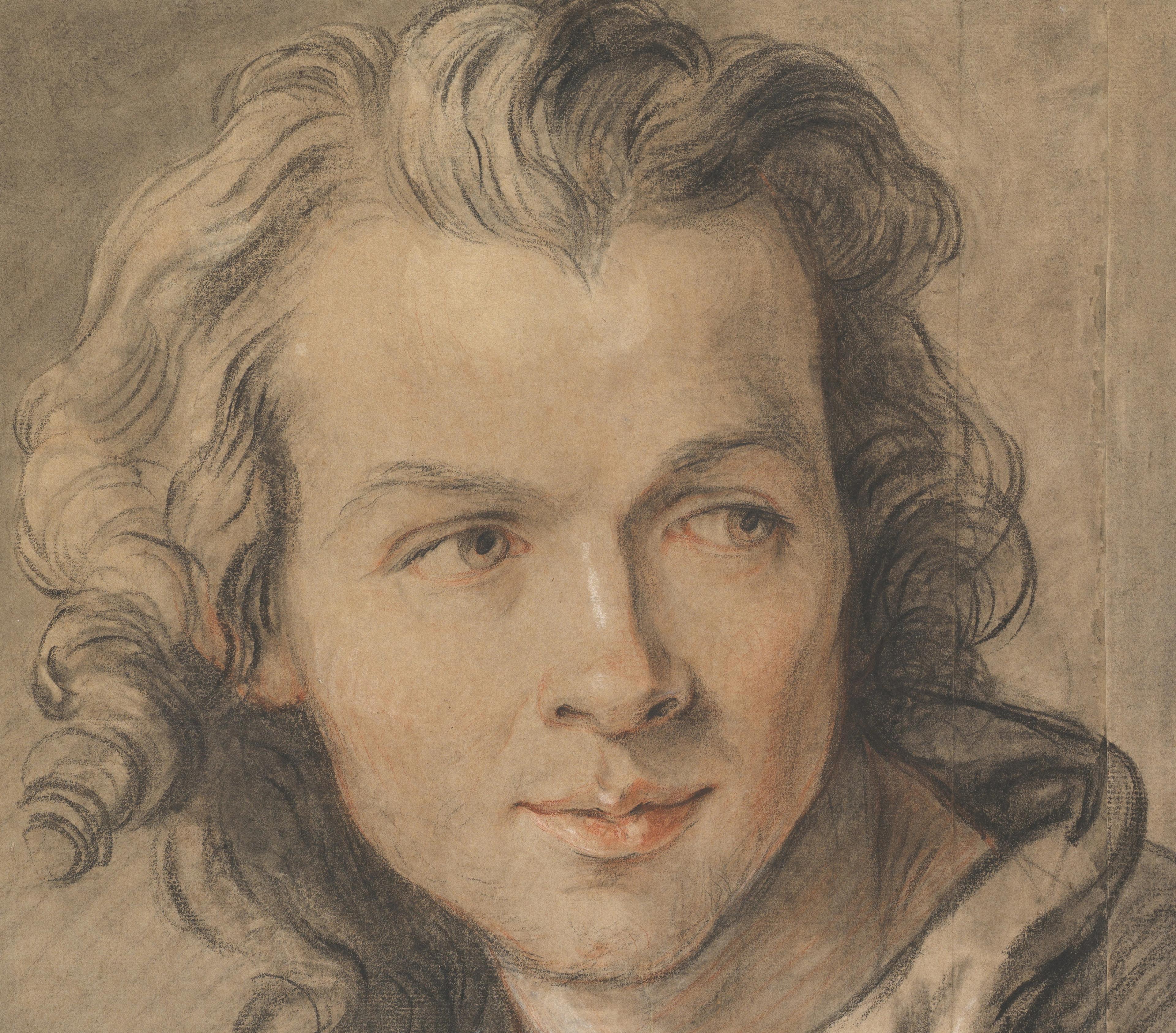 A chalk drawing of a long-haired young man's face glancing curious to his left.