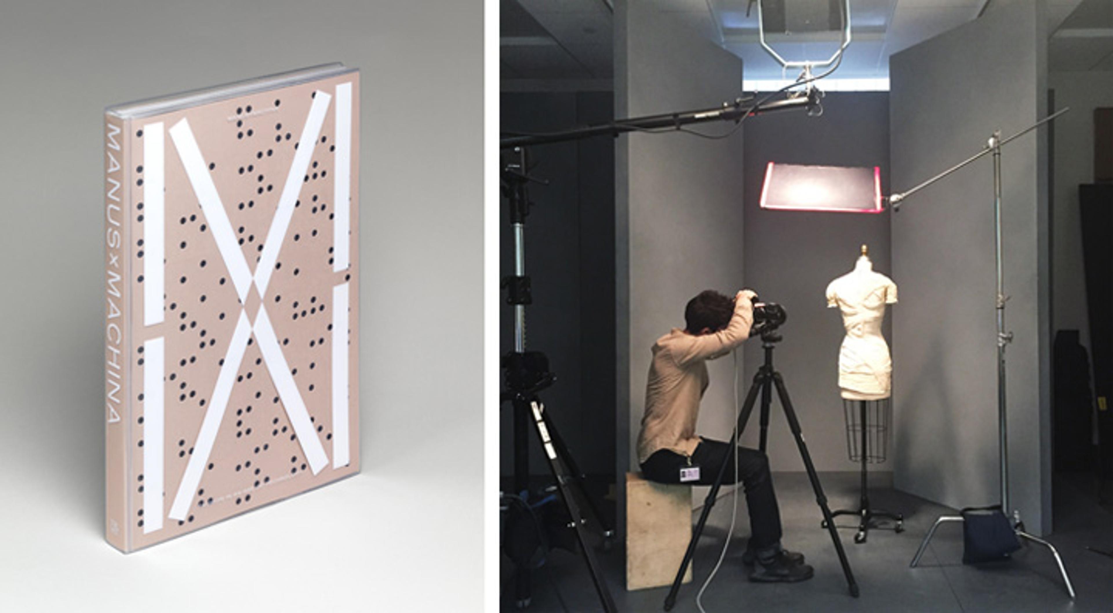 Photo showing the catalogue cover on the left and Nicholas Cope photographing a dress on the right