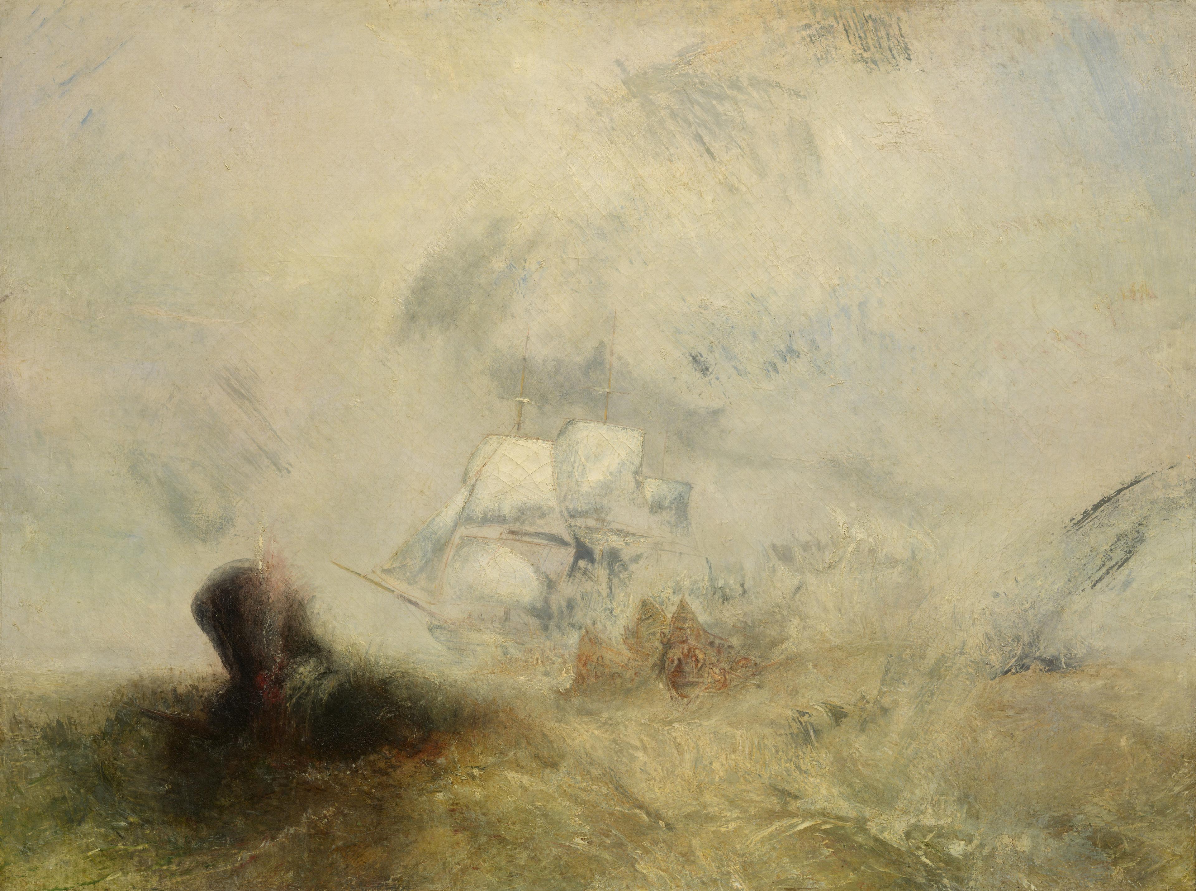 An abstract painting of a sailboat at sea.
