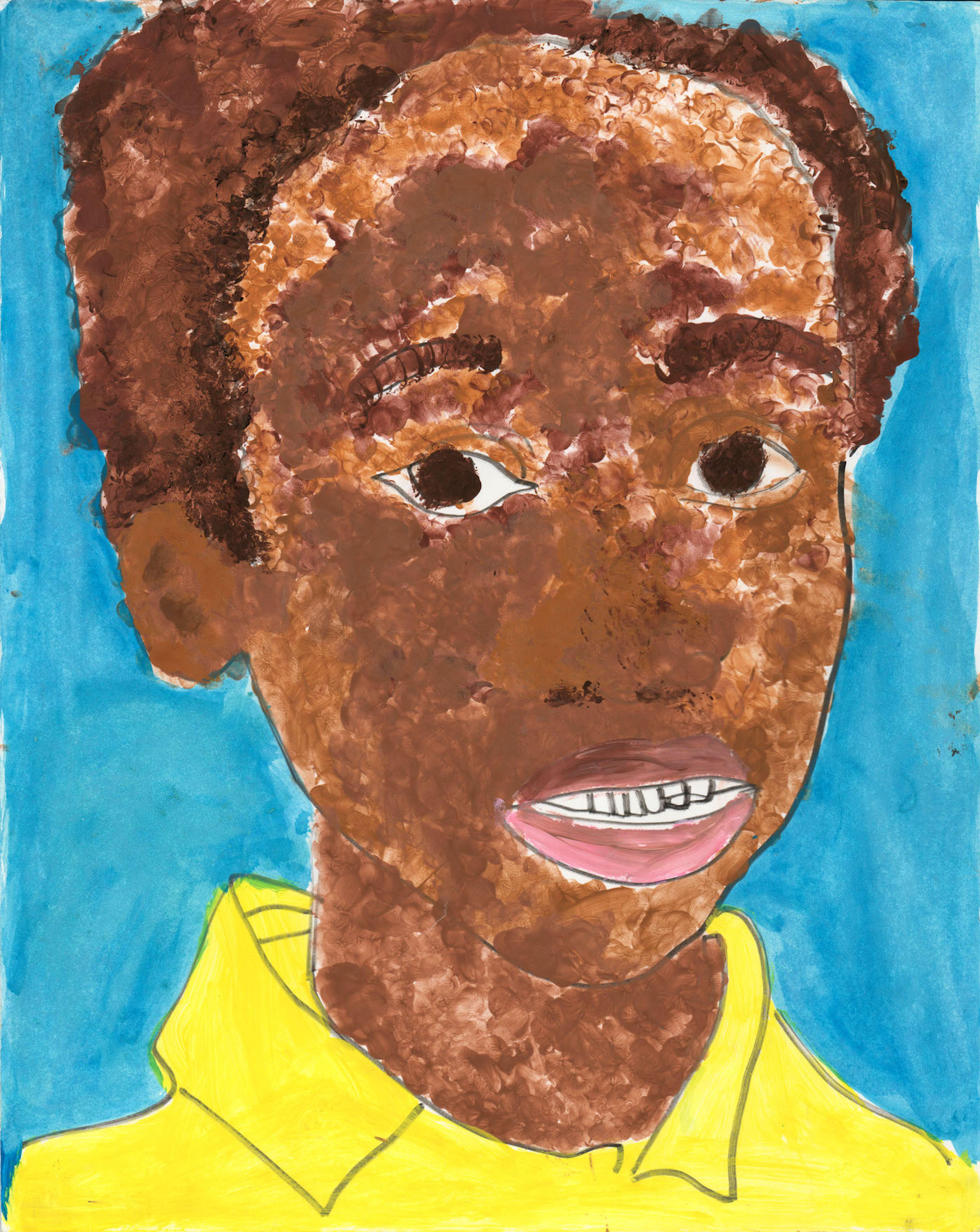 Tempera on cardstock self portrait of a young boy. He is Black and has short cropped brown curly hair. He faces the viewer with his mouth slightly open. He wears a yellow collared shirt and stands in front of a bright blue background.