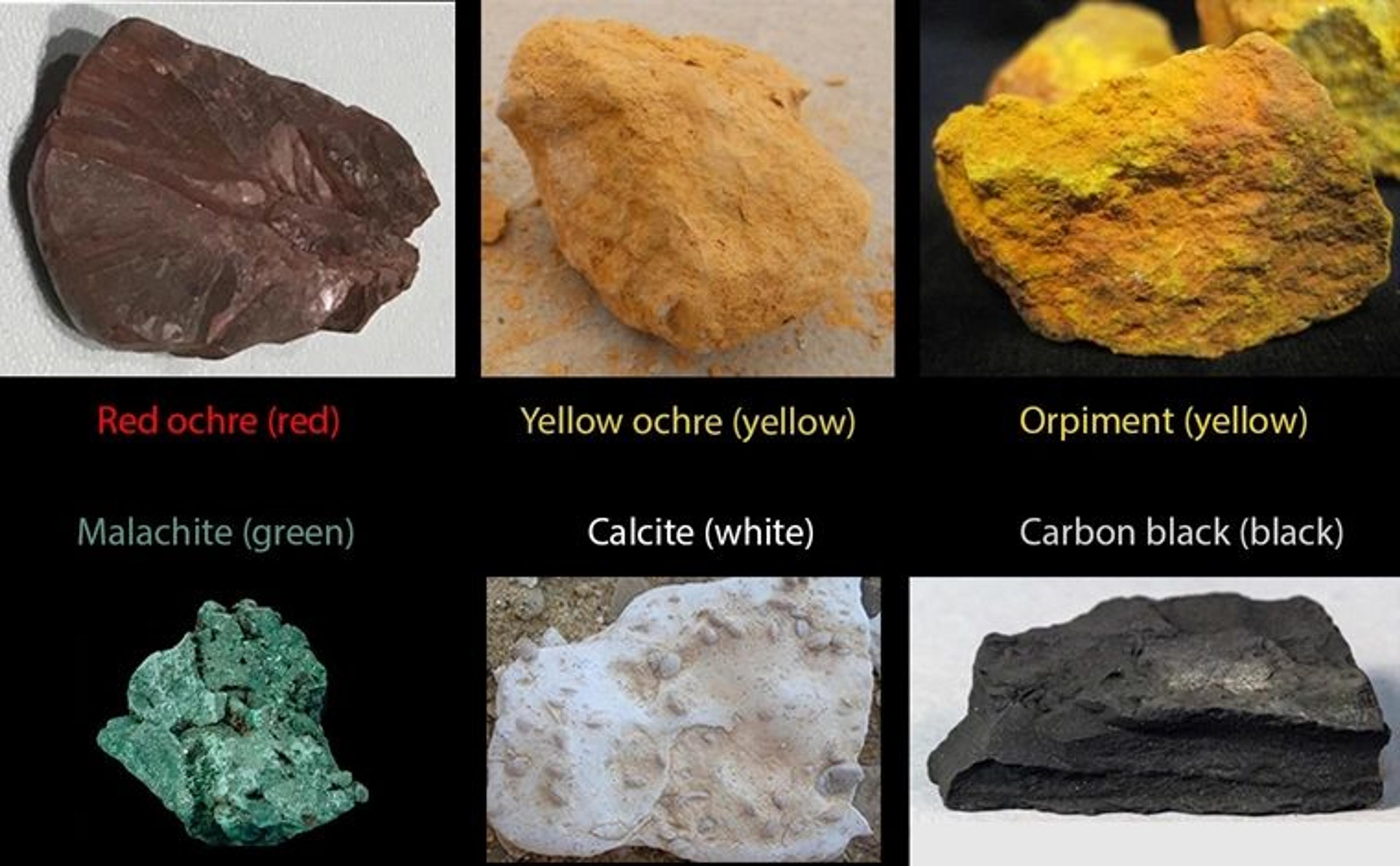 A collage of six photographs of minerals of different colors which were used to make pigments, arranged in a grid.