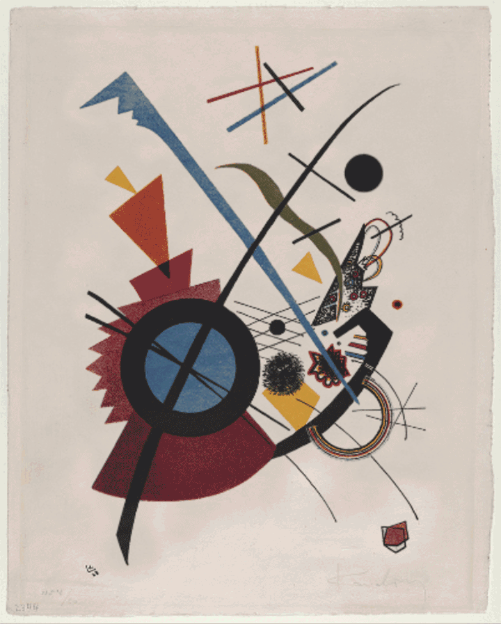 An interactive version of Violett, a lithograph by Vasily Kandinsky, that animates the red, yellow, blue, and black geometric shapes.