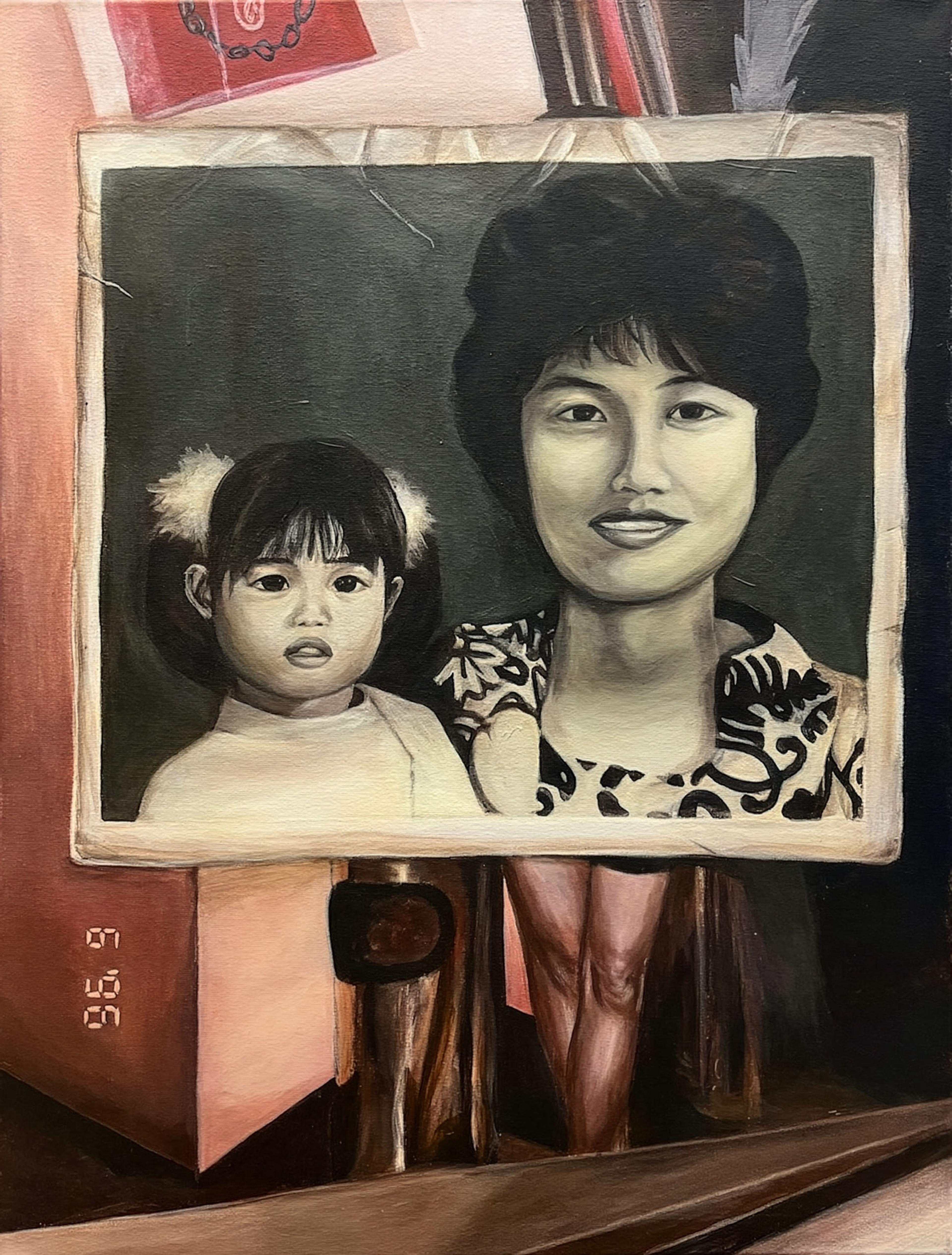 Painting of a black and white photograph of a woman and girl obscuring a color photograph underneath.