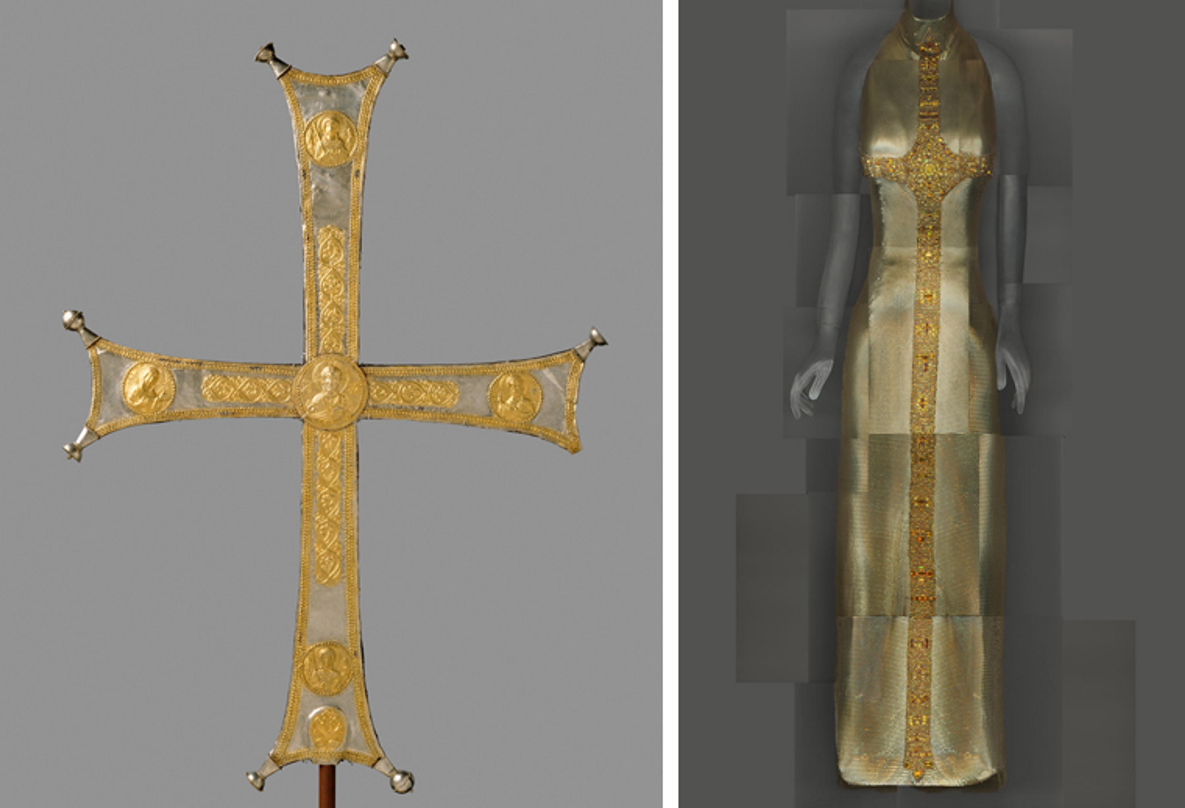 A Byzantine processional cross at left, and a Gianni Versace evening dress with a cross design at right
