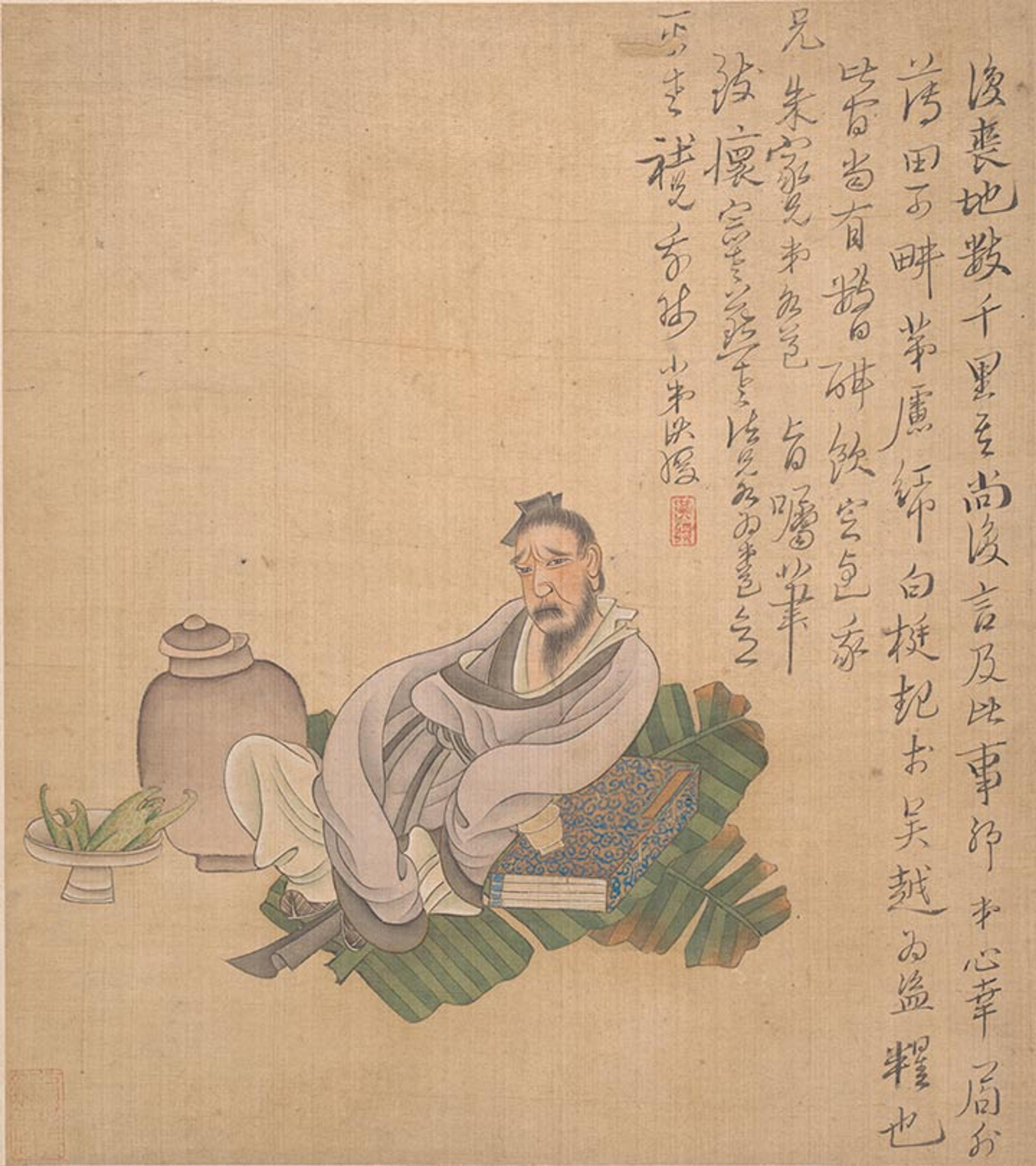 Painting depicting dejected man slumped on ground next to a jug
