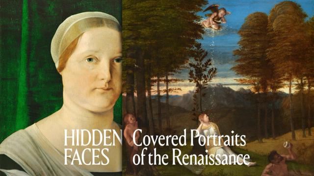 A composite image featuring renaissance portrait paintings with partially obscured faces, set against a countryside backdrop, titled "hidden faces: covered portraits of the renaissance.
