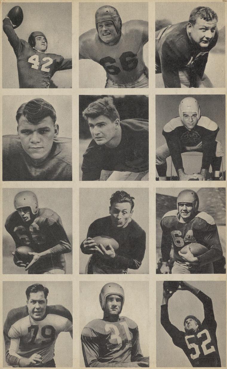 Photo sheet of 12 football cards from the Bowman Gum series produced in 1948