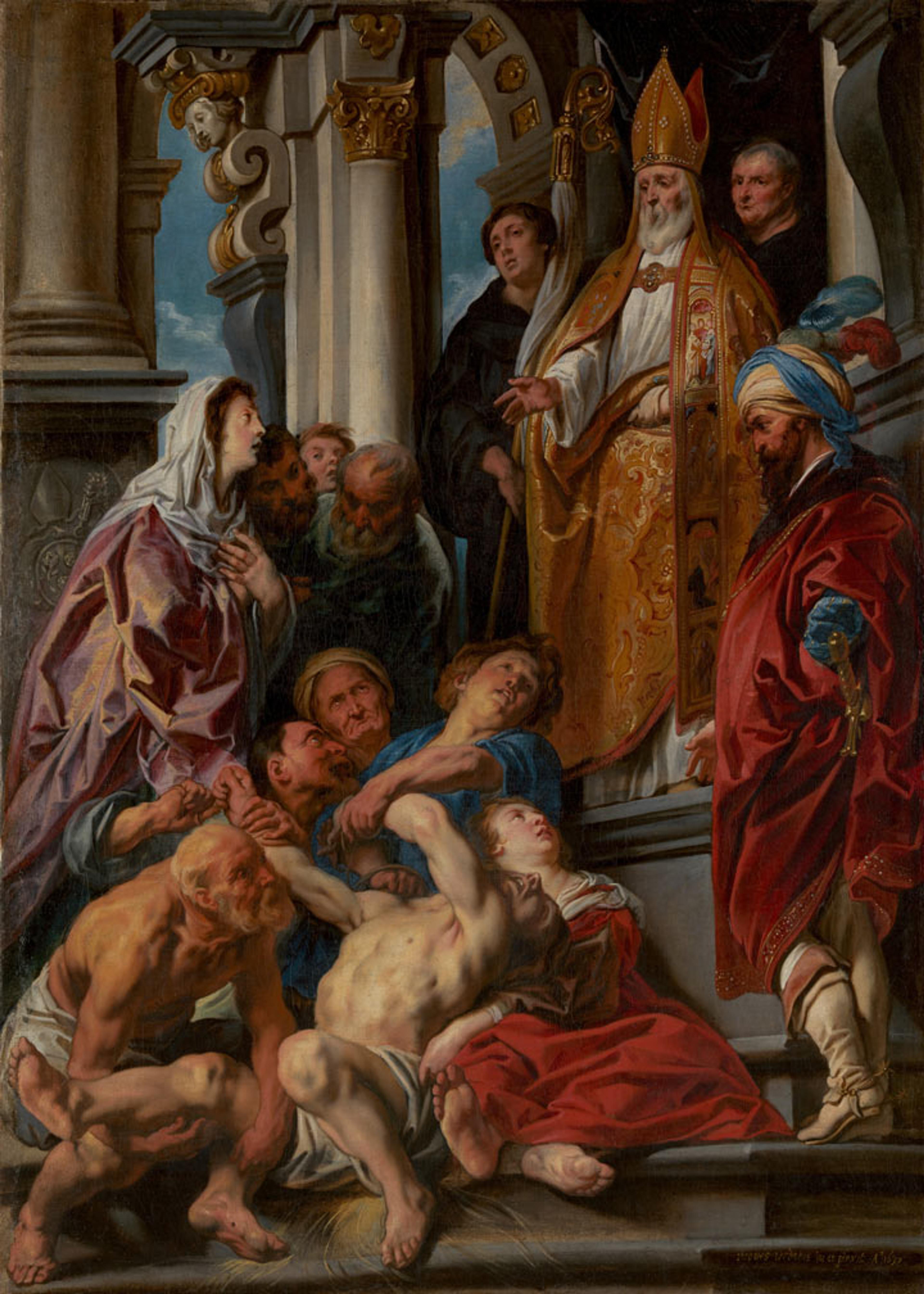 A monumental painting by an Old Master depicting Saint Martin healing a man while surrounded by a throng of onlookers