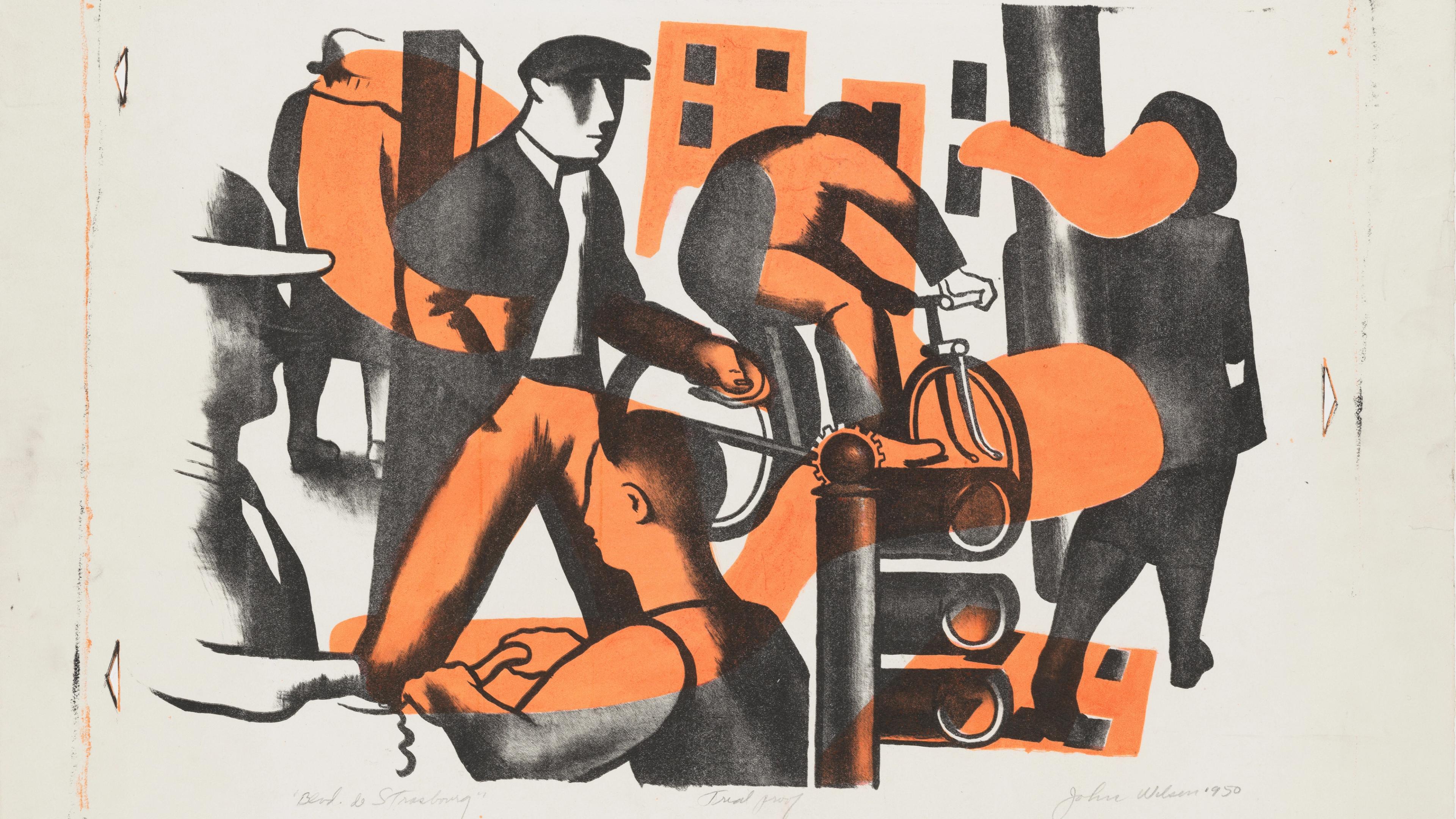 Stylized urban scene with figures and machinery in motion. Bold use of black and orange illustrates dynamic city life and industrial energy.