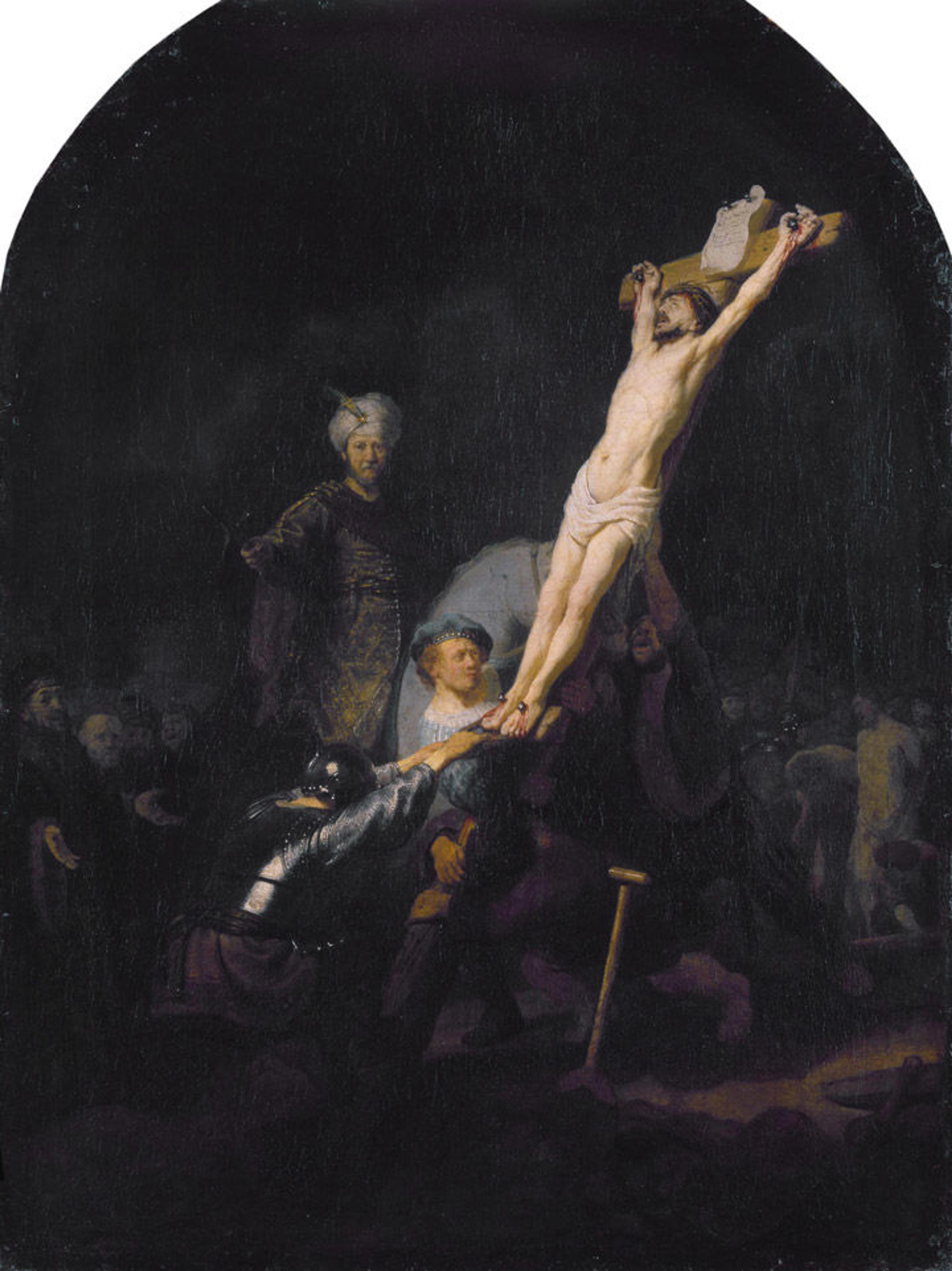 A Rembrandt painting depicting the raising of the cross during Christ's crucifixion, with the artist himself visible in the scene