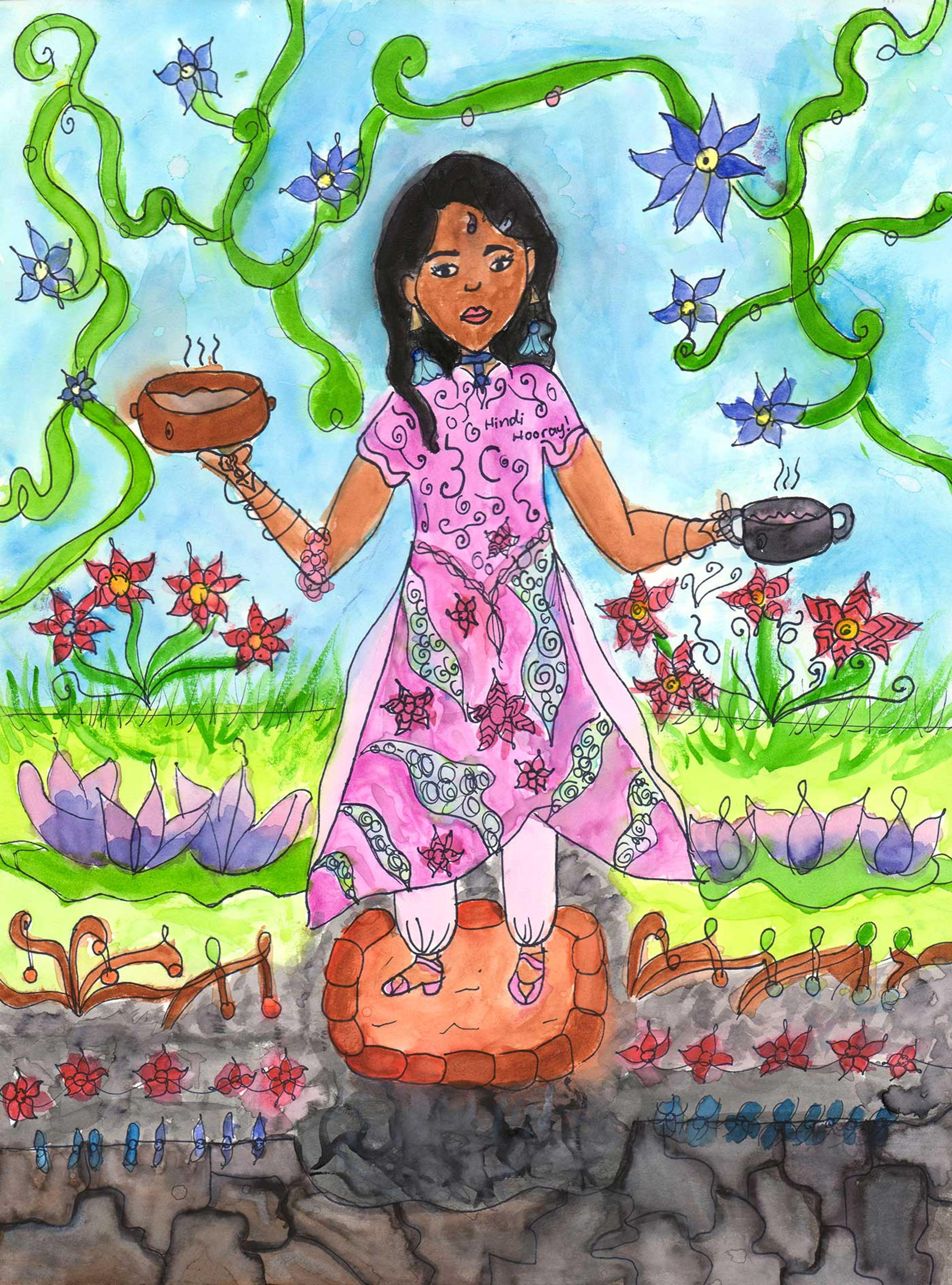 Painting of a girl with brown skin and black hair in a pink dress standing in a garden.