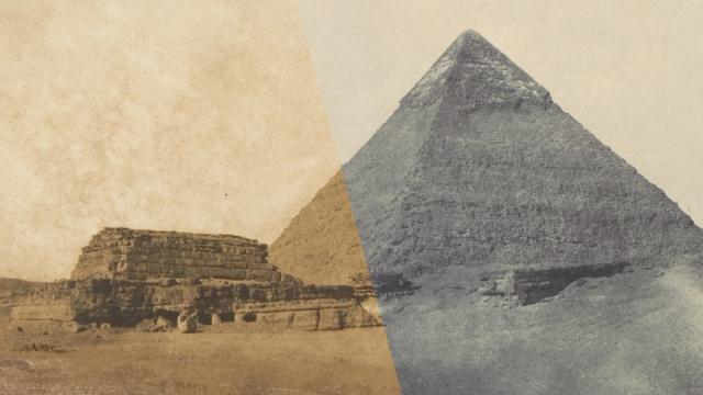 A side-by-side comparison of two vintage images of a pyramid, showcasing different textures and tones from an earlier period.