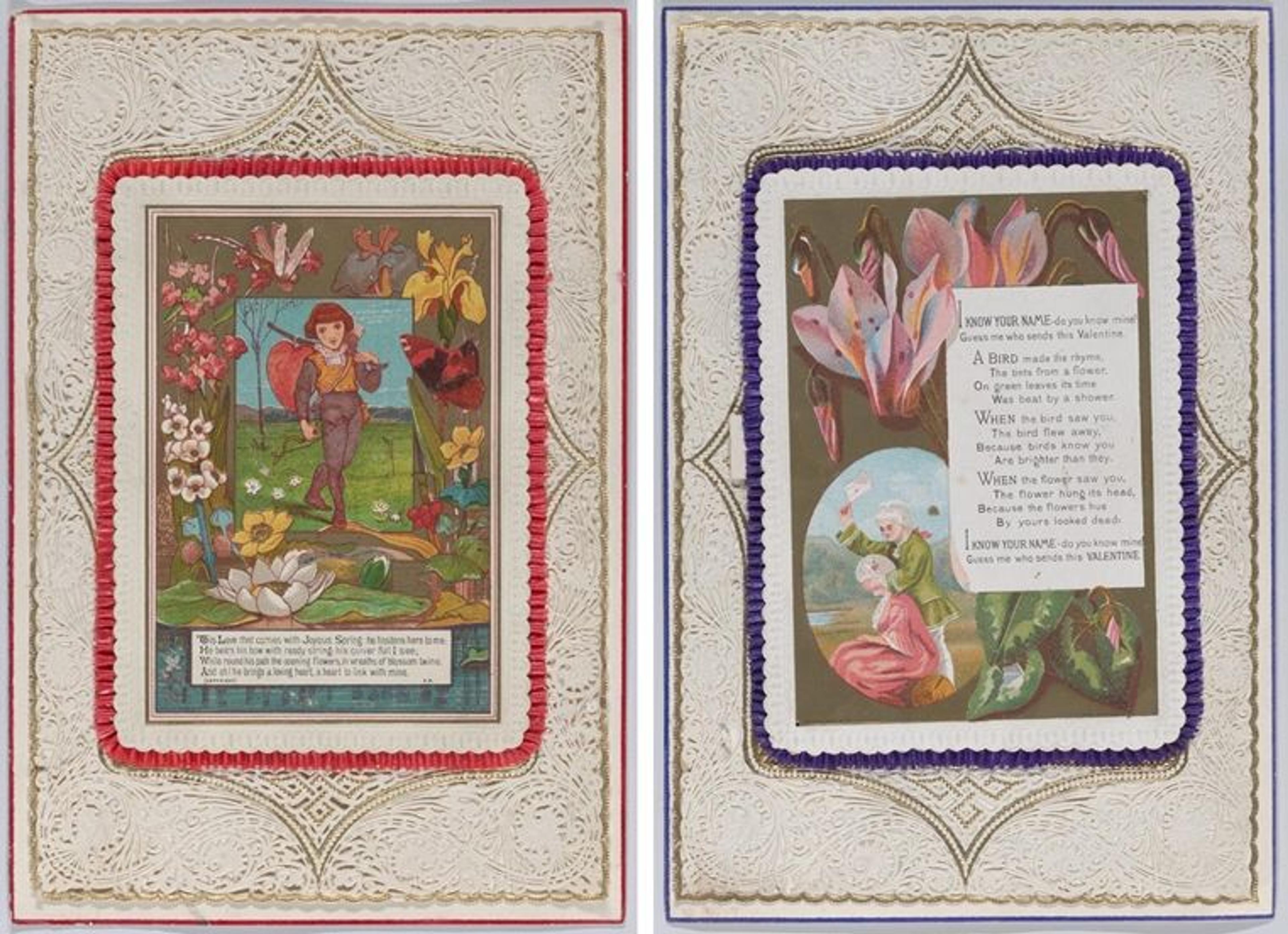 Two Kate Greenaway valentines depicting flowers, young lovers, animals, and poetry