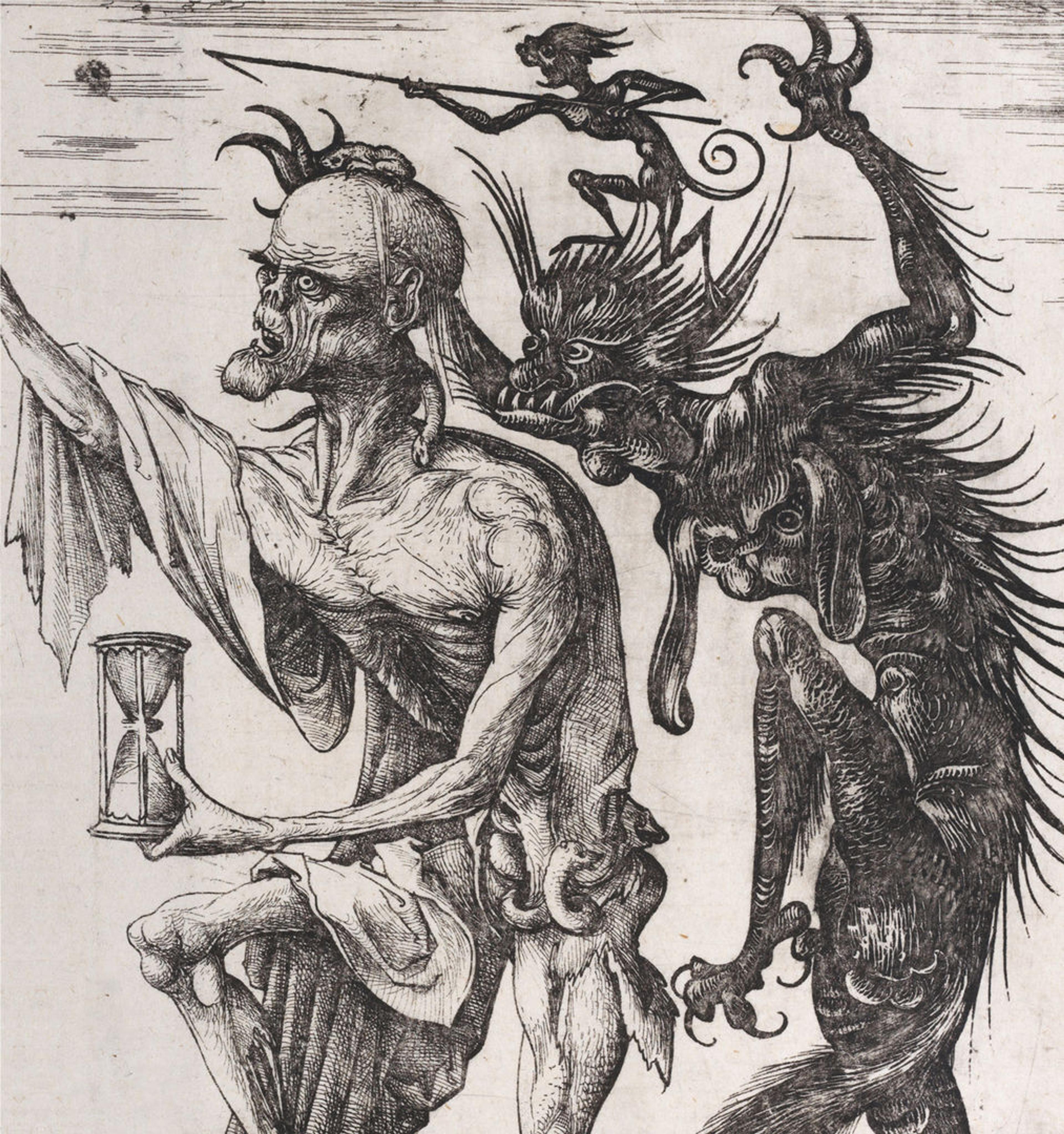 Skeletal figure of death holds an hourglass while one large and one small demon watch over his shoulder 