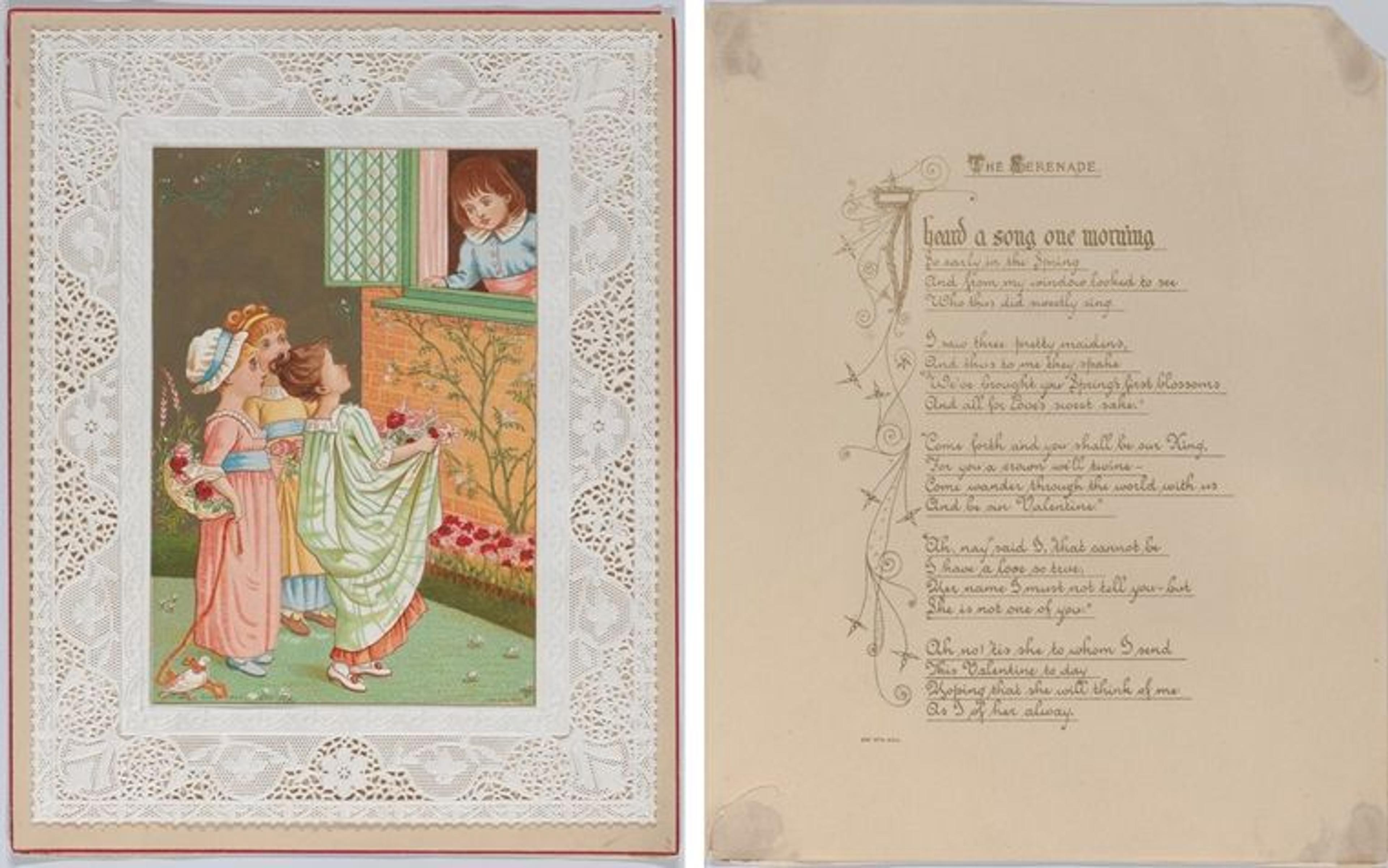 Front and back of a Kate Greenaway valentine. On the front, a group of three young girls serenade a young boy watching them from a window; on the back, a poem entitled "The Serenade"