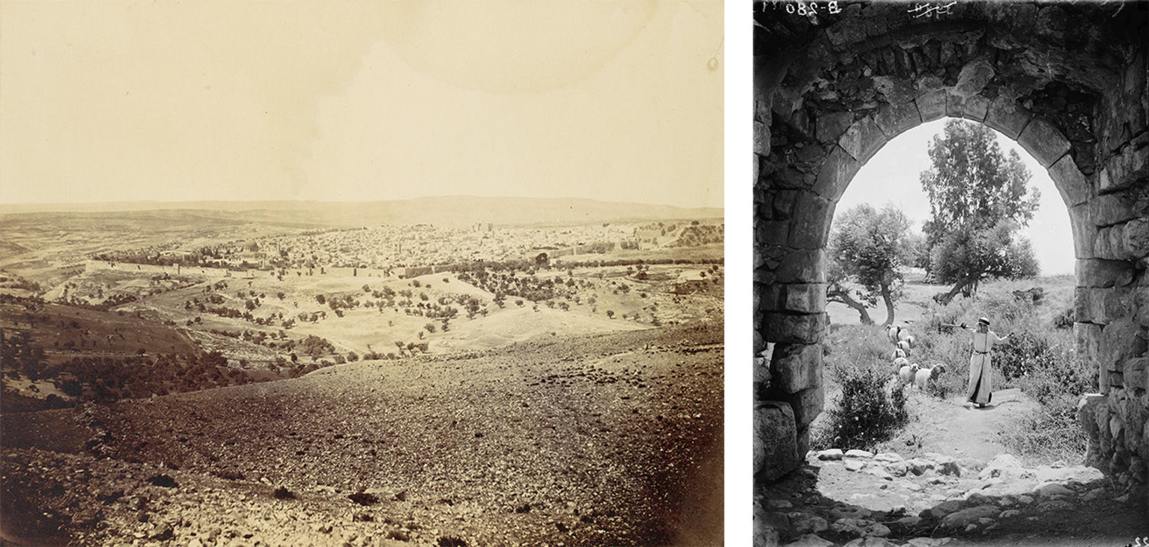 Two photographs. At left, a sepia-toned image shows a hilly landscape dotted with shrubs. At right, a stone archway frames a pastoral scene, with a figure in the background shepherding a line of sheep.