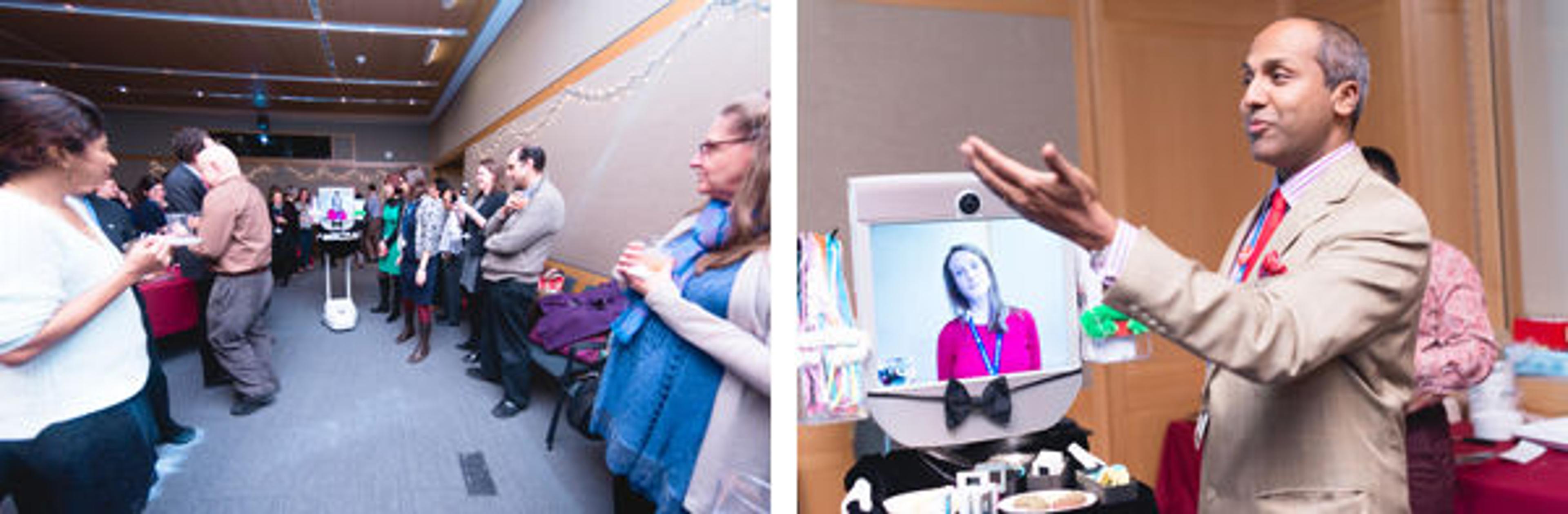 Left: The Beam Telepresence Robot makes its debut, bearing gifts for the Department of Digital Media's staff holiday party. Right: Chief Digital Media Officer Sree Sreenivasan interviews Access Programs Coordinator Jan Ingvalson while she operates the Beam