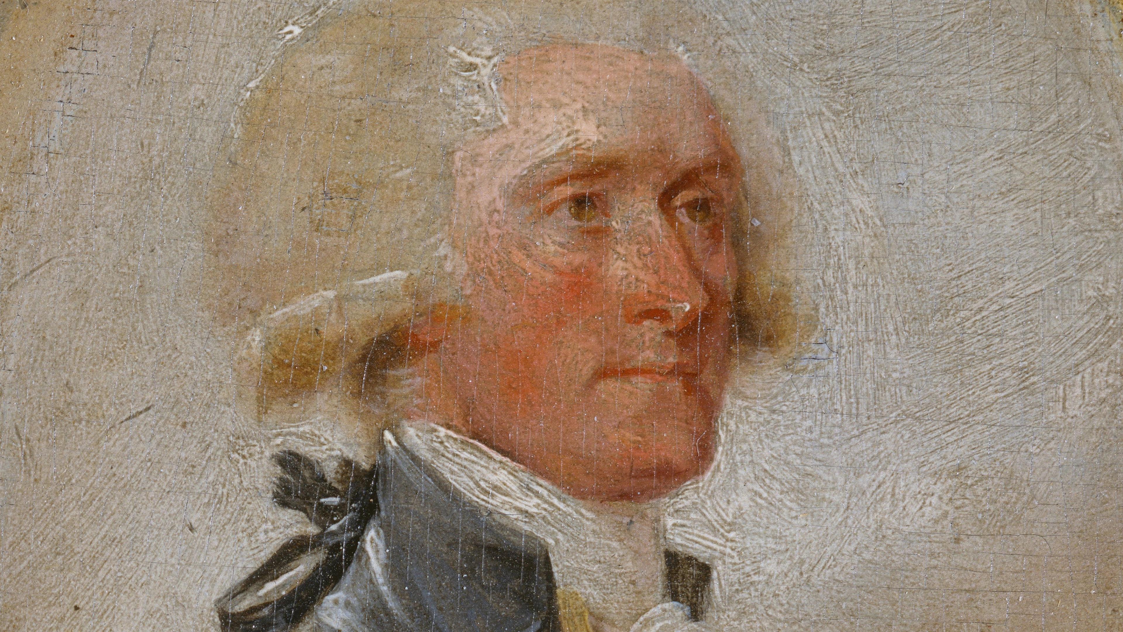 Oil portrait of an 18th-century gentleman with powdered hair, a dark coat, gold buttons, and a white ruffled cravat, gazing calmly.