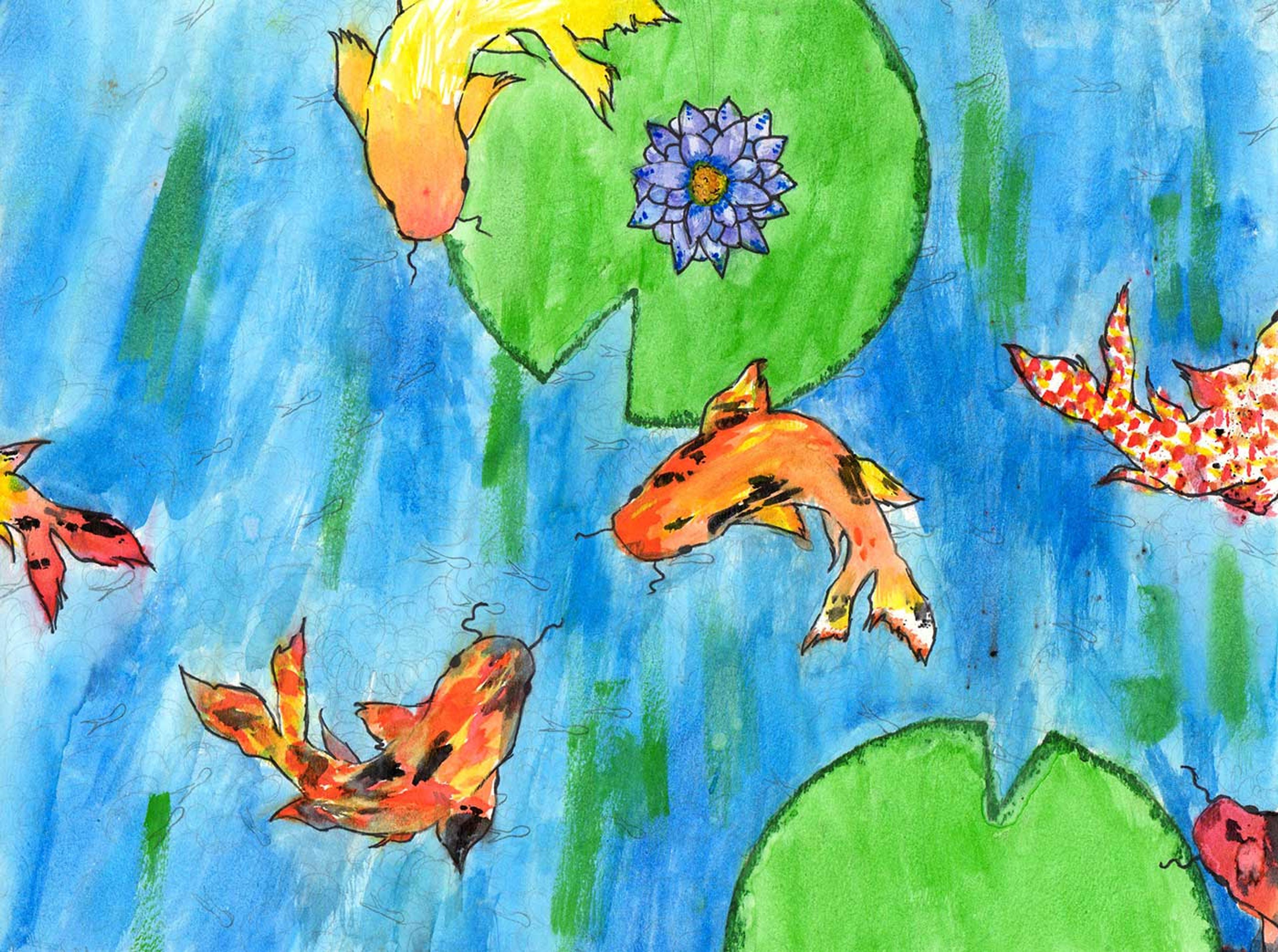 Painting of an aerial view of several fish swimming in a pond with plants and flowers.