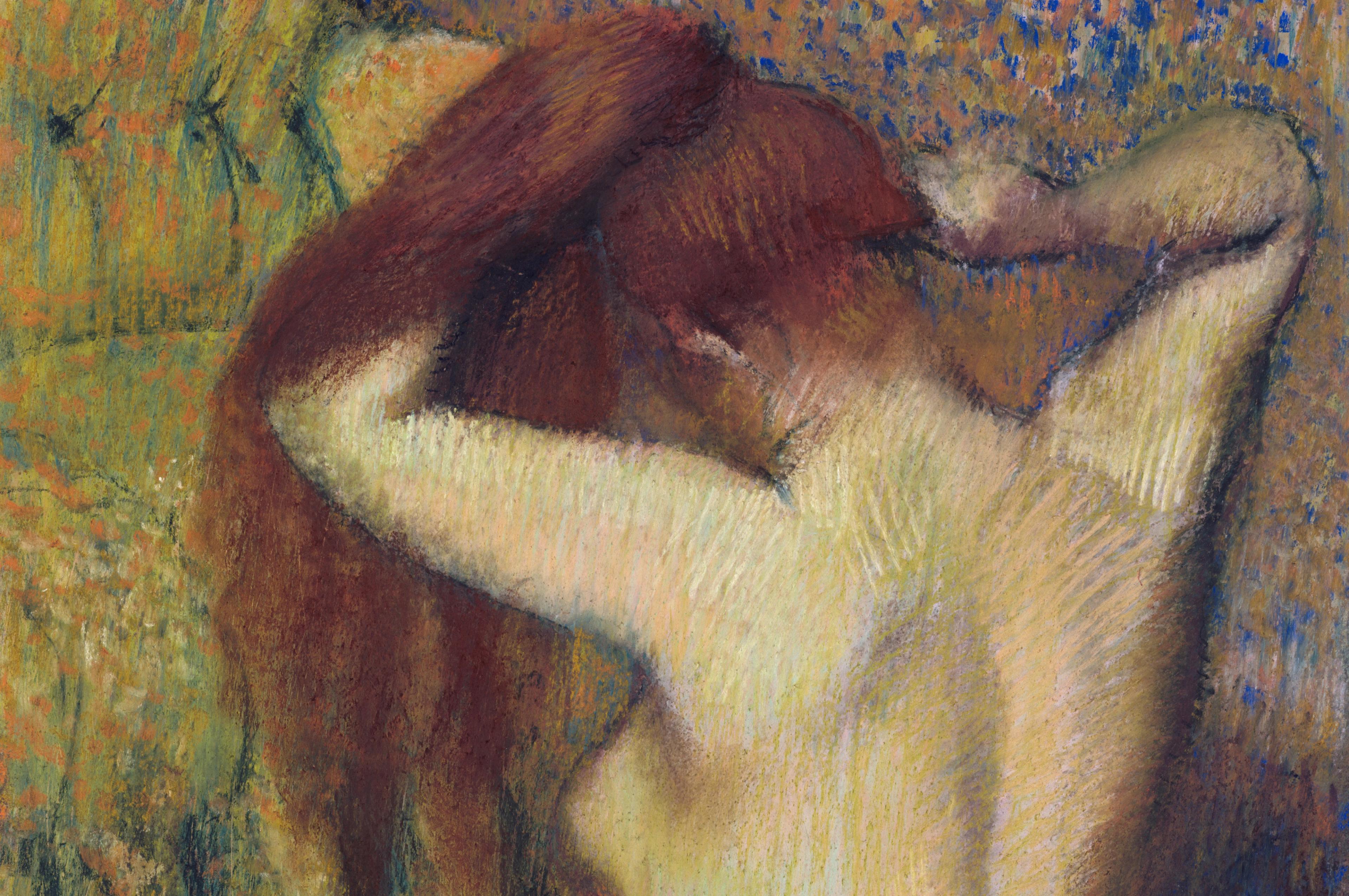 A colorful pastel drawing of a nude woman's upper body from behind as she puts her amber hair into a ponytail.