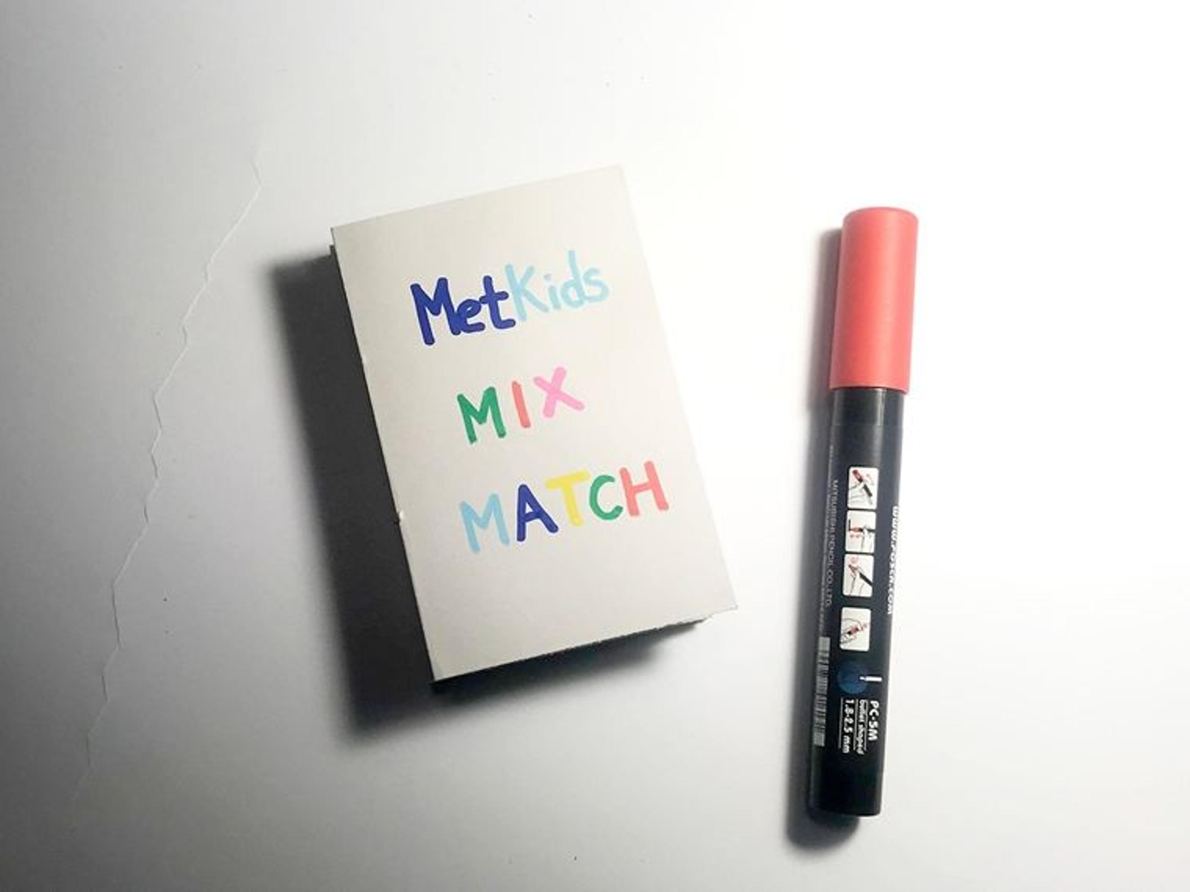 The cover of the final accordion book reads MetKids Mix & Match beside an orange marker.
