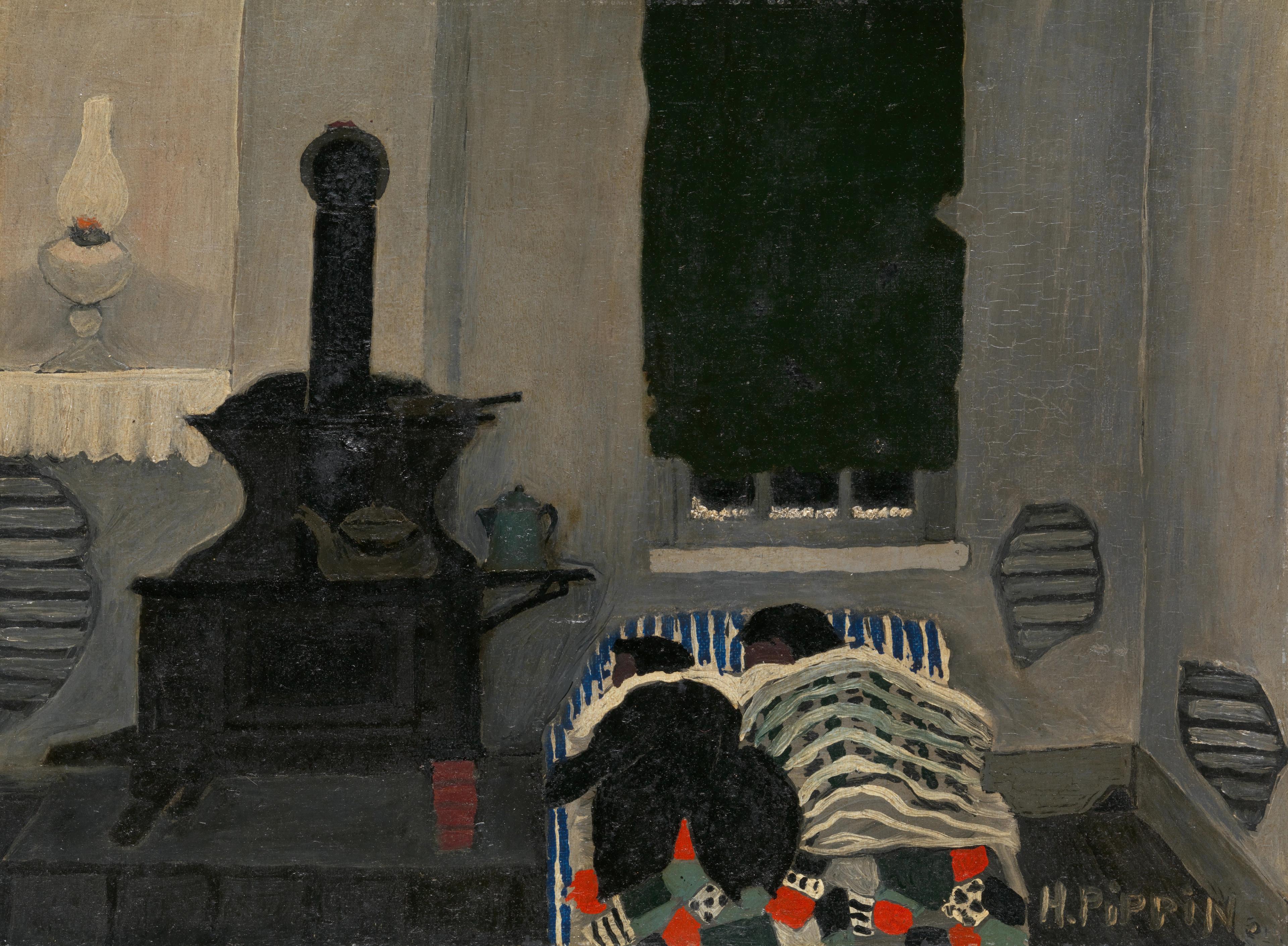 "Sleepers," a painting by Horace Pippin of two children sleeping in a bed next to a wood-burning stove.