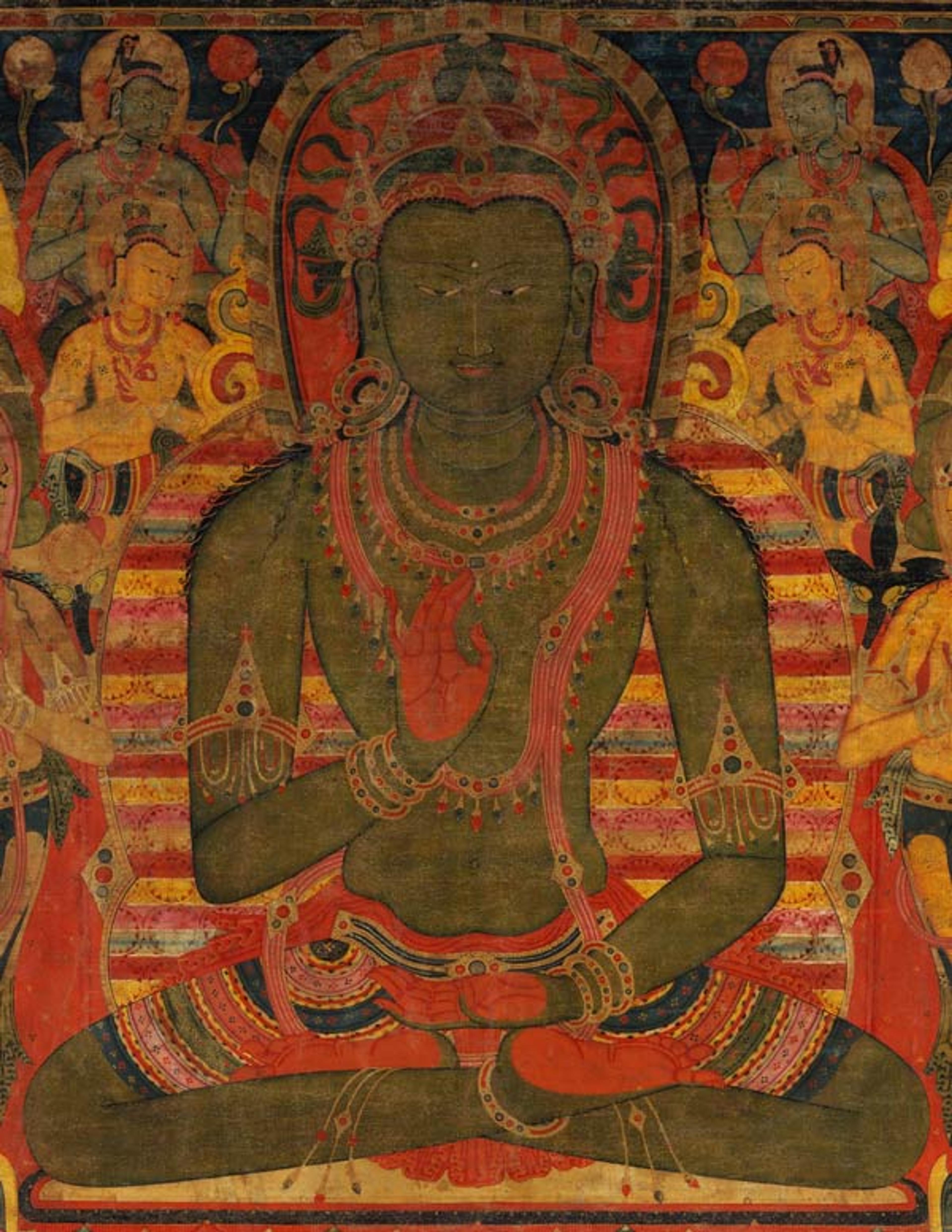Buddha Amoghasiddhi with Eight Bodhisattvas (detail of central figure), ca. 1200–1250. Central Tibet. Distemper on cloth; 27 1/8 x 21 1/4 in. (68.9 x 54 cm). The Metropolitan Museum of Art, New York, Purchase, Miriam and Ira D. Wallach Philanthropic Fund Gift, 1991 (1991.74)